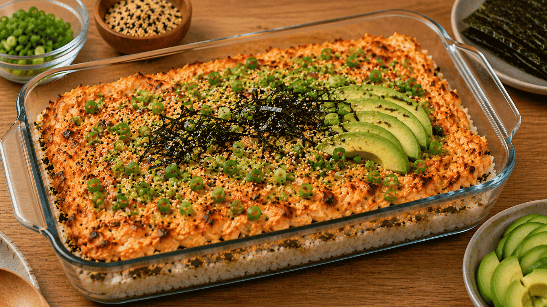 finished sushi bake topped with avocado green onions sesame seeds and nori in a glass baking dish ready to serve