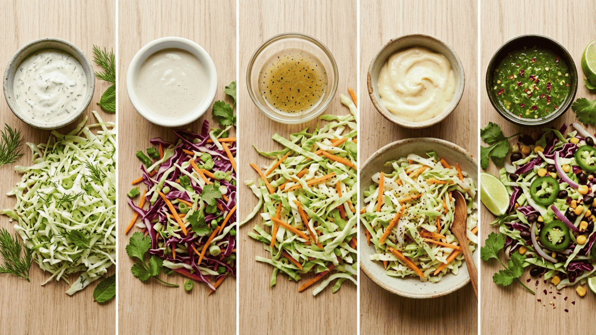 five coleslaw dressing variations paired with colorful cabbage slaws and fresh herbs in a divided collage