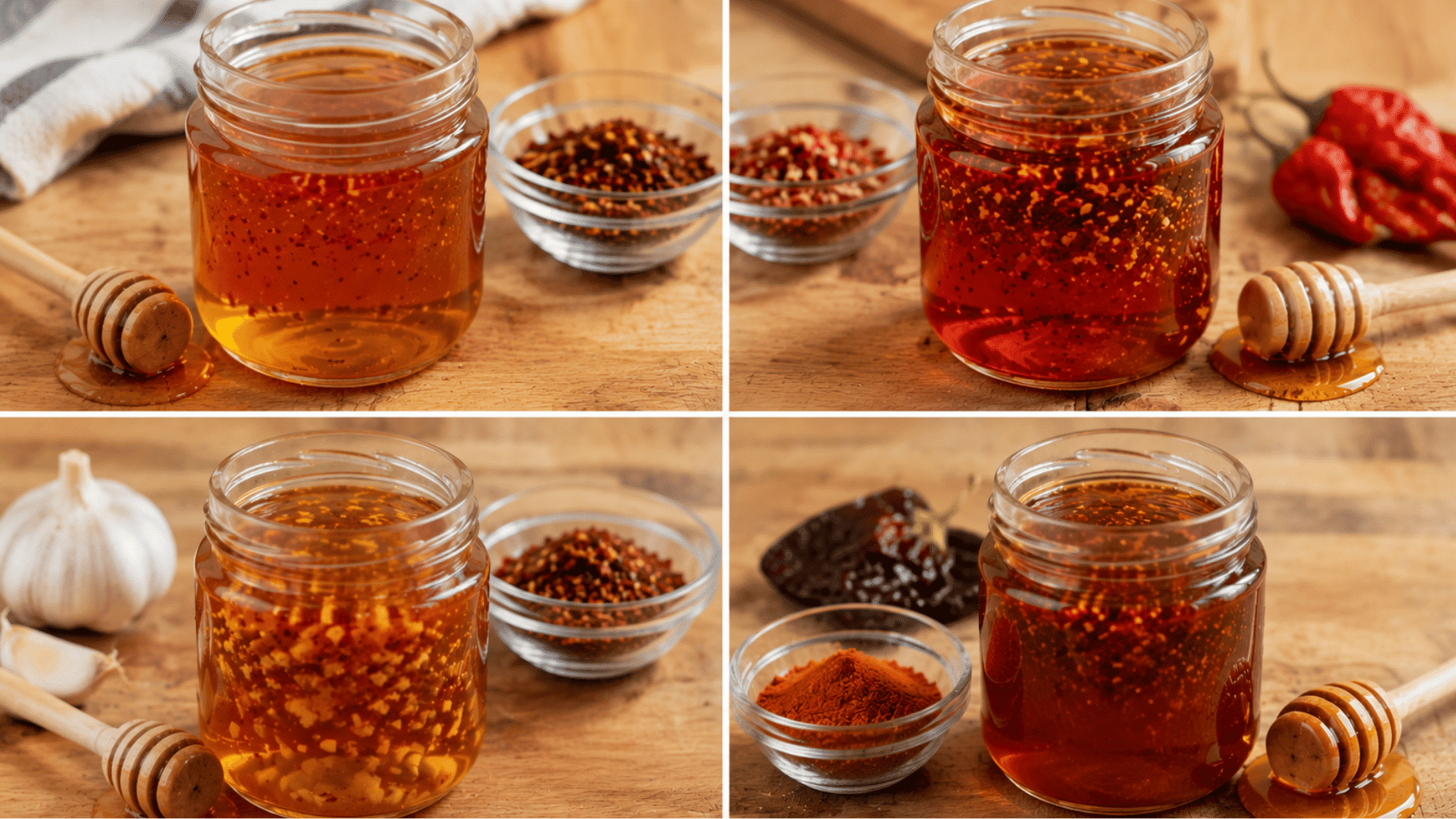 four jars of homemade hot honey variations with chili flakes garlic and smoked spices on a wooden kitchen counter