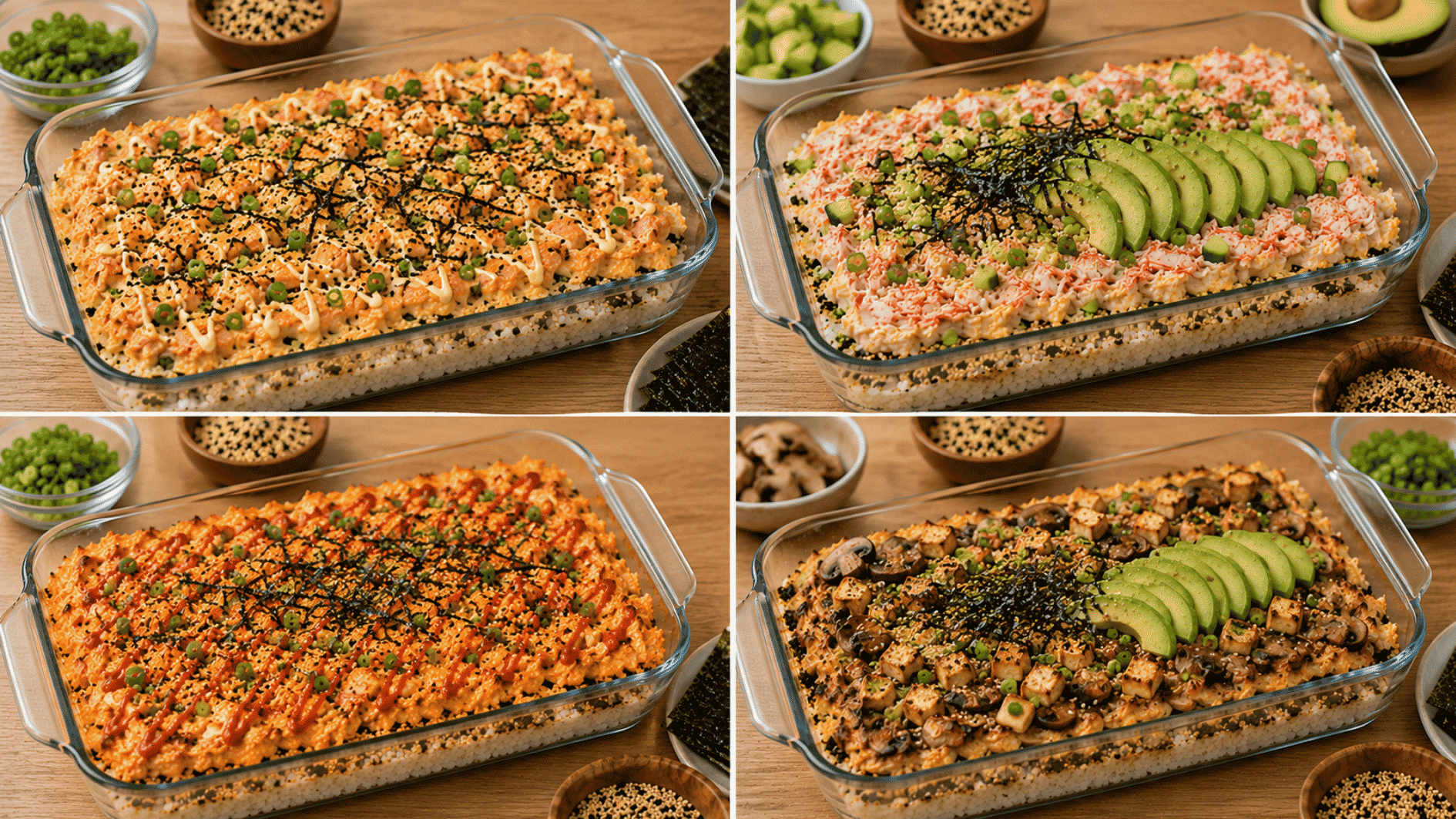 four sushi bake variations with salmon california roll spicy tuna and vegetarian toppings shown in a collage