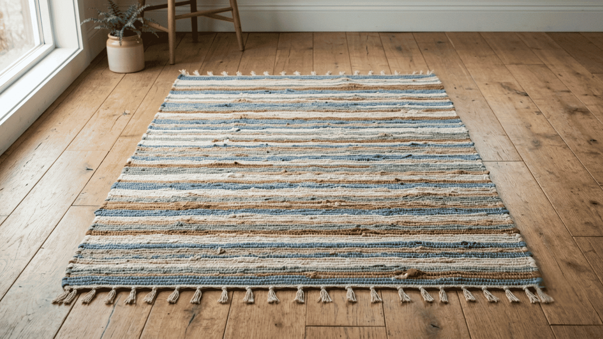 frame loom rag rug with even fabric rows in soft muted colors resting flat on a clean wooden floor in daylight