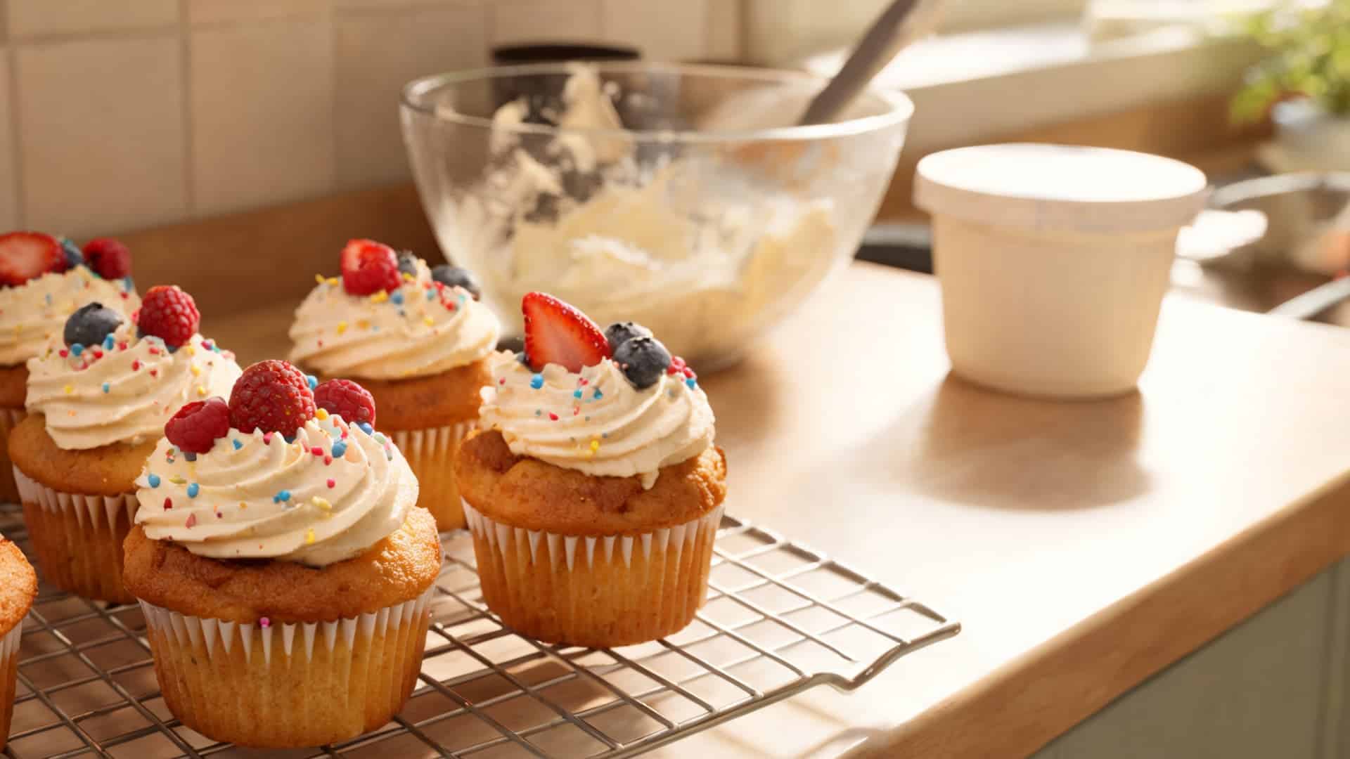 french yogurt cupcakes topped with creamy frosting fresh berries and sprinkles on a kitchen cooling rack