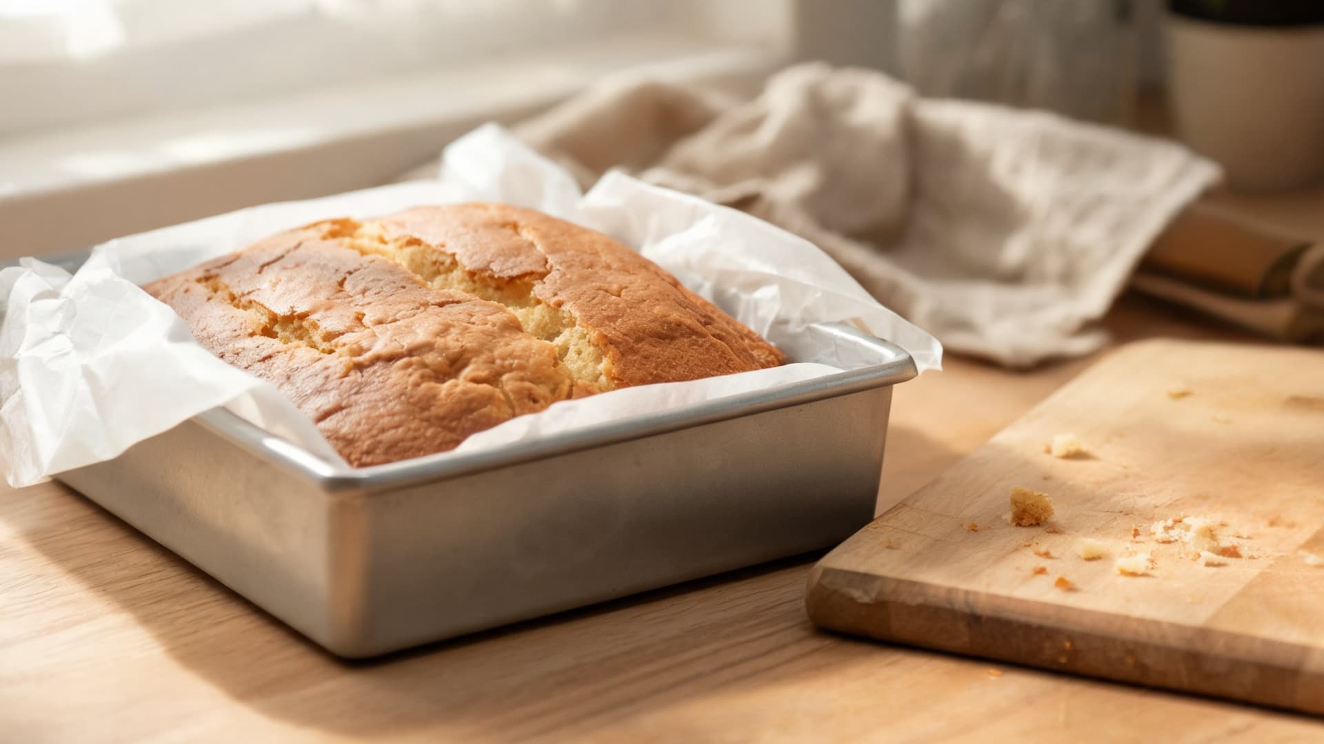 freshly baked sourdough french yogurt cake on a wooden board in a sunlit kitchen