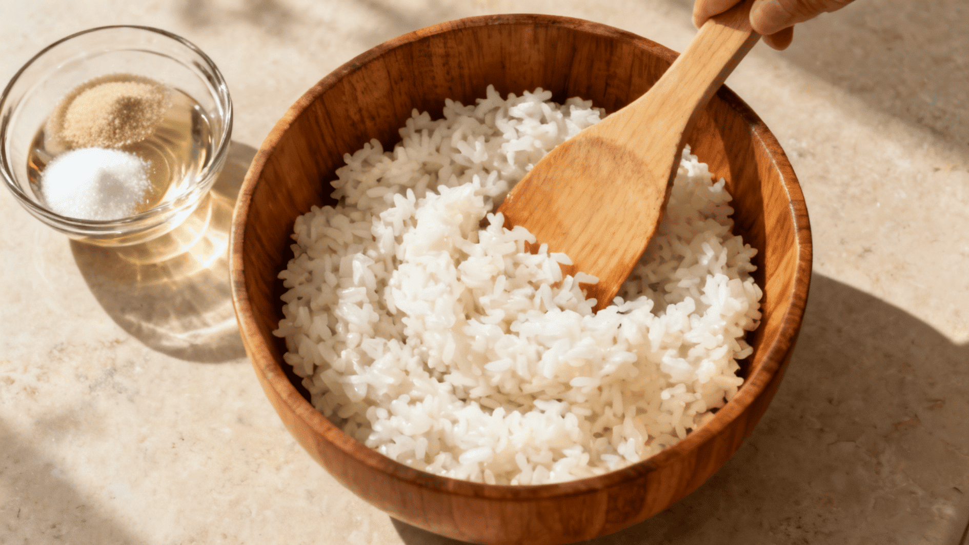 freshly cooked sushi rice in wooden bowl being gently folded with vinegar mixture in american kitchen setting”