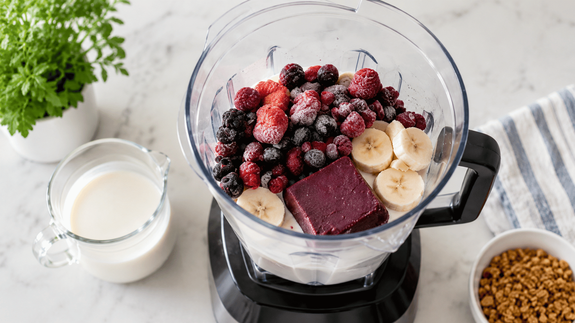 frozen berries banana and acai packet in blender jar ready for making a thick smoothie bowl base