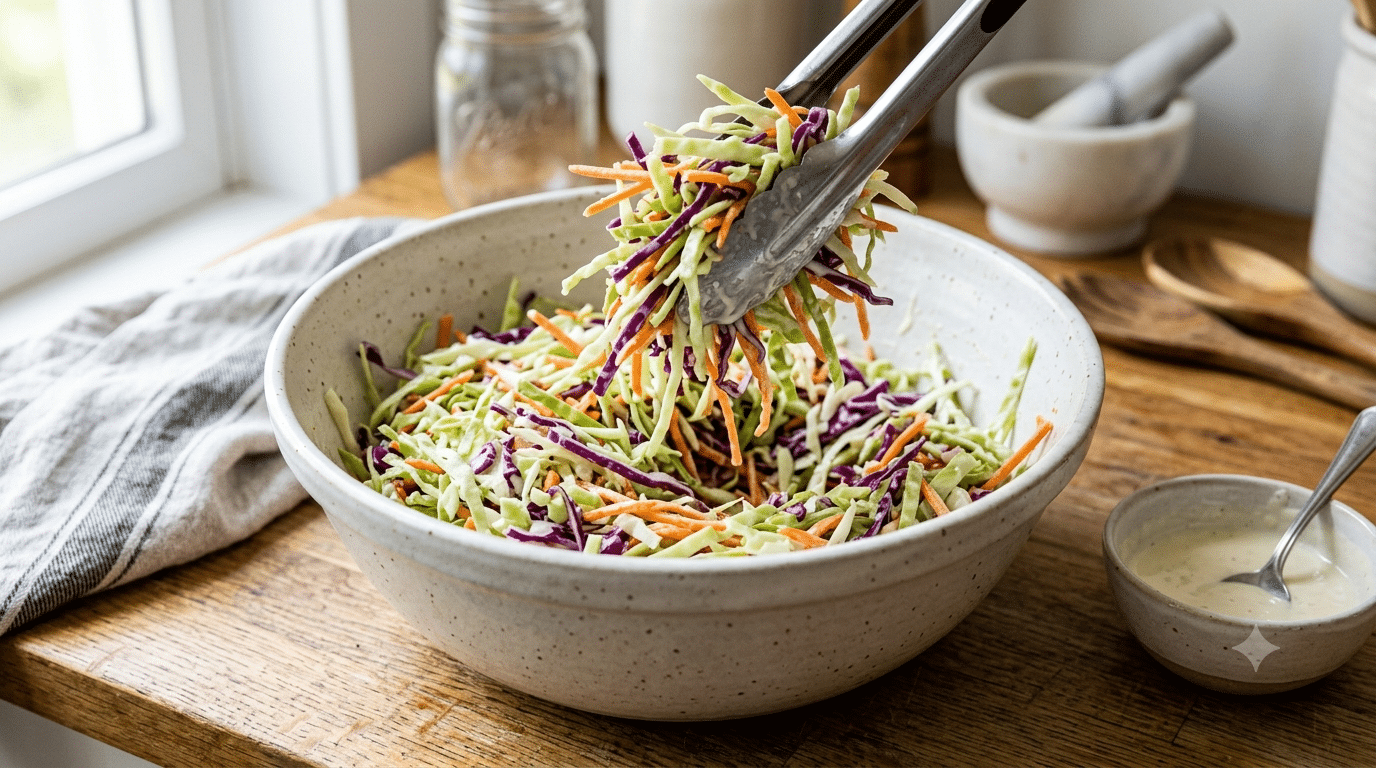 Tongs tossing shredded vegetables with dressing in a large bowl, evenly coating the slaw
