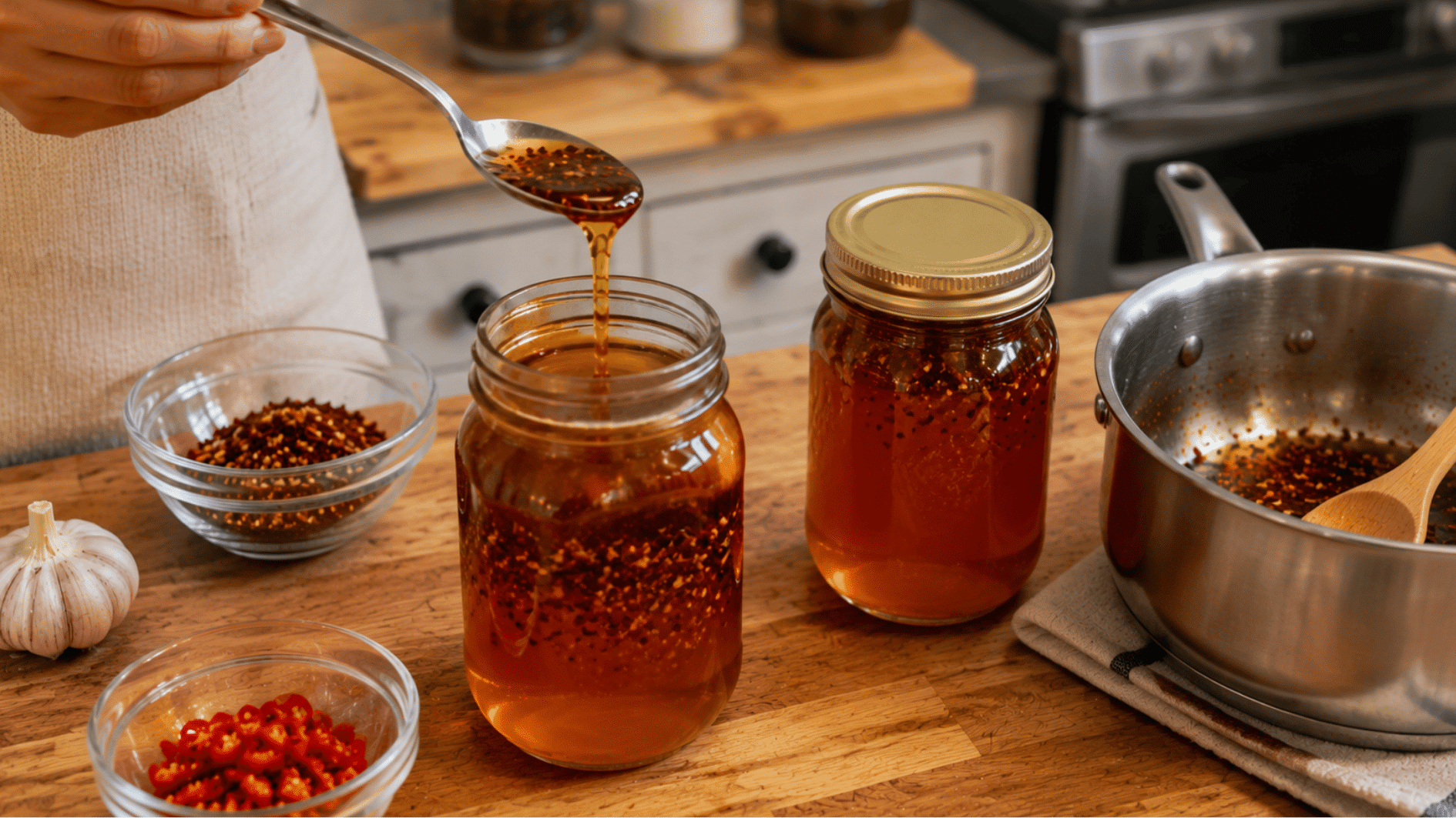 glass jar of homemade hot honey ready to store and serve at home
