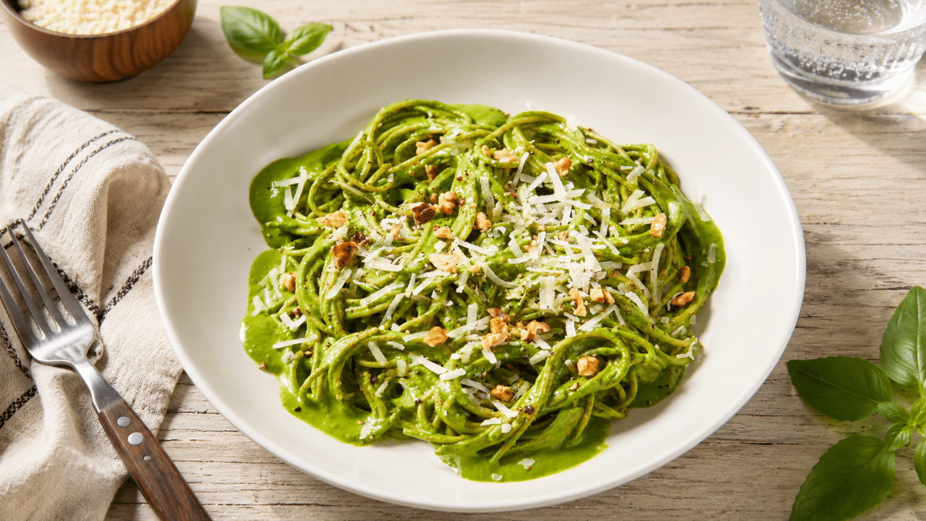 green pesto spaghetti topped with parmesan and chopped nuts served in a white bowl with fresh basil