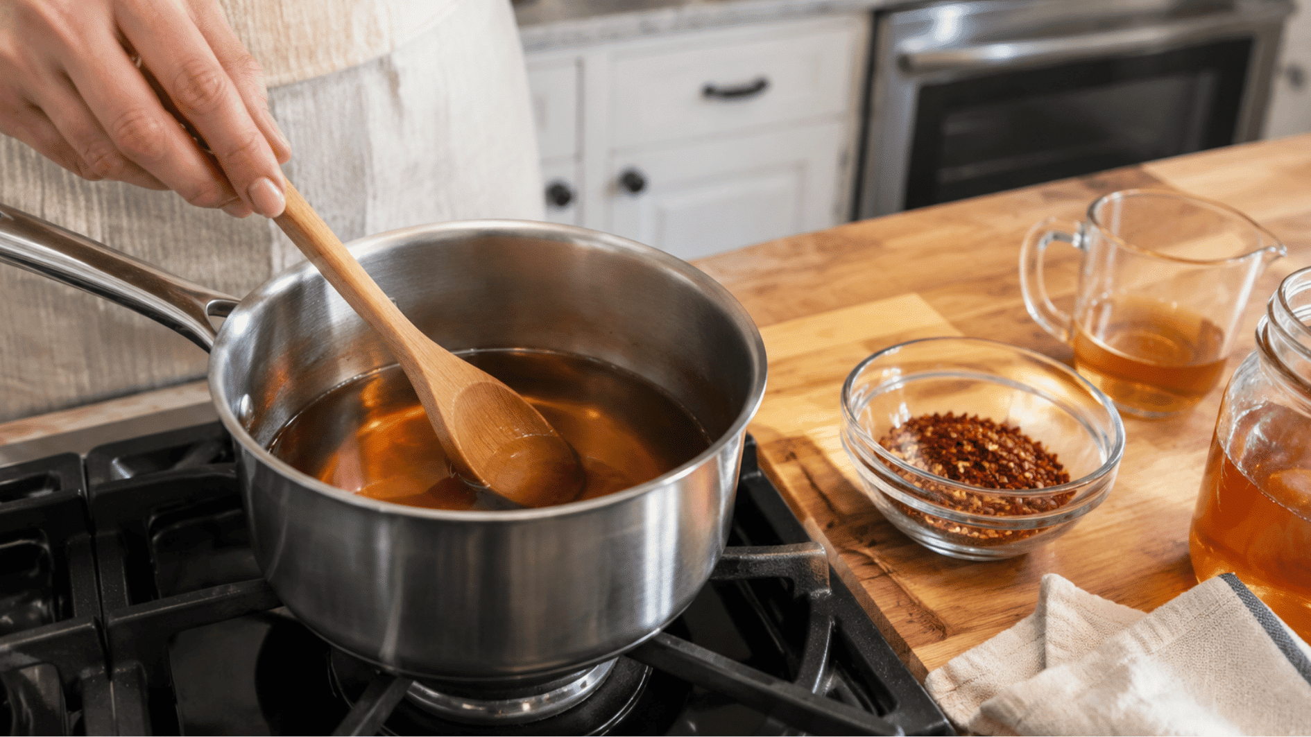 hand stirring warm honey in a saucepan on a stovetop for homemade hot honey recipe