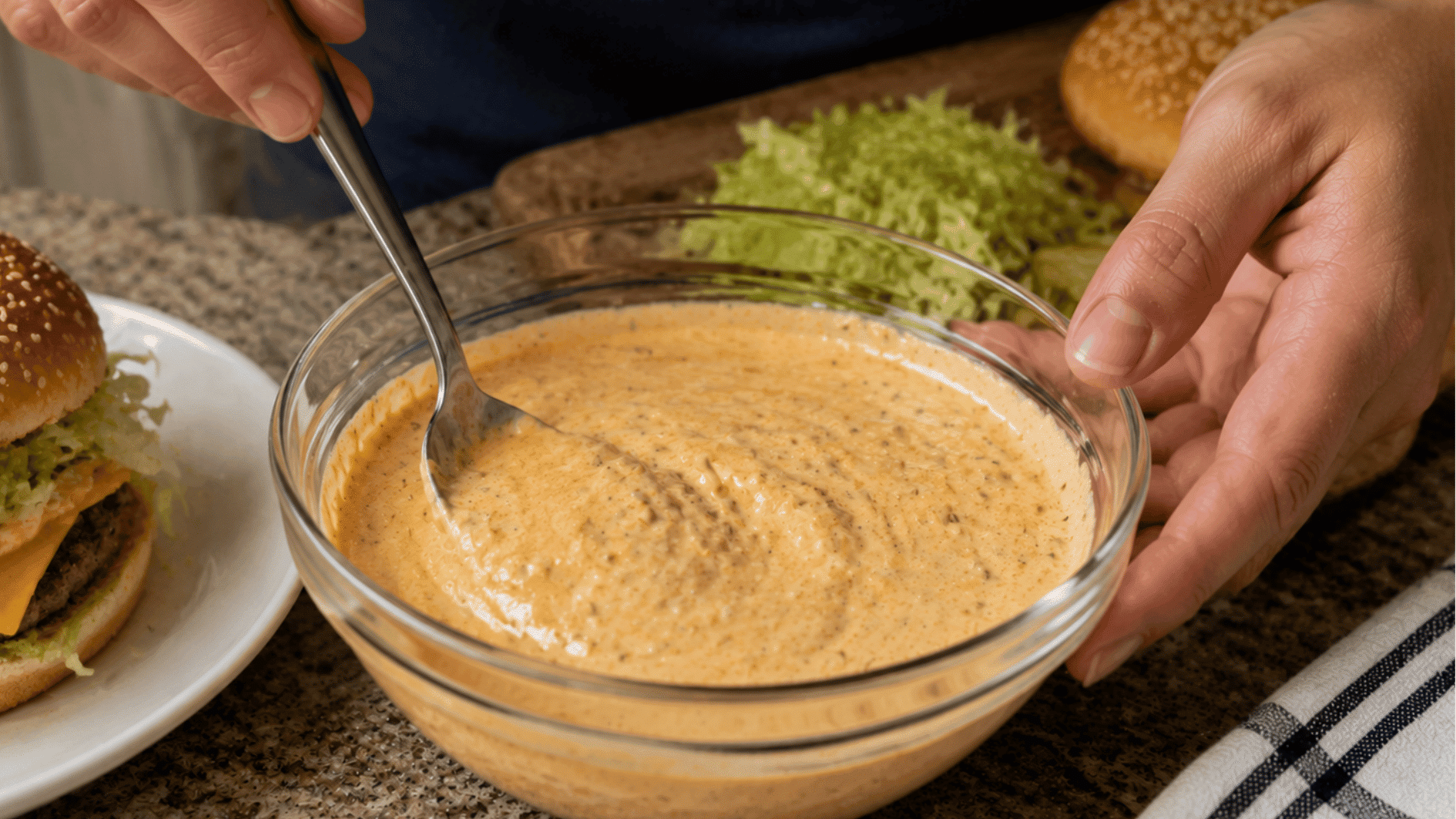 homemade big mac sauce being stirred in a glass bowl beside a prepared burger