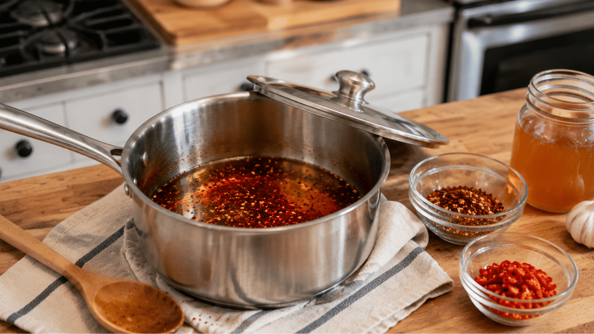 hot honey mixture resting with chili flakes to infuse flavor on kitchen counter