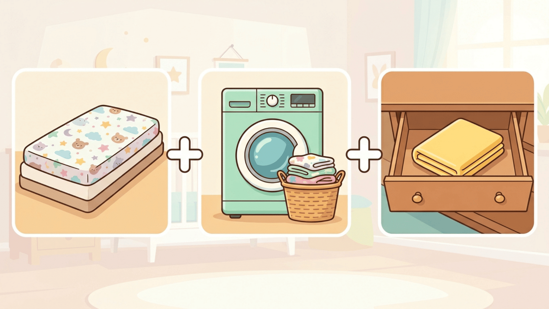 illustrated crib sheet formula showing one in use laundry cycle changes and one clean emergency spare