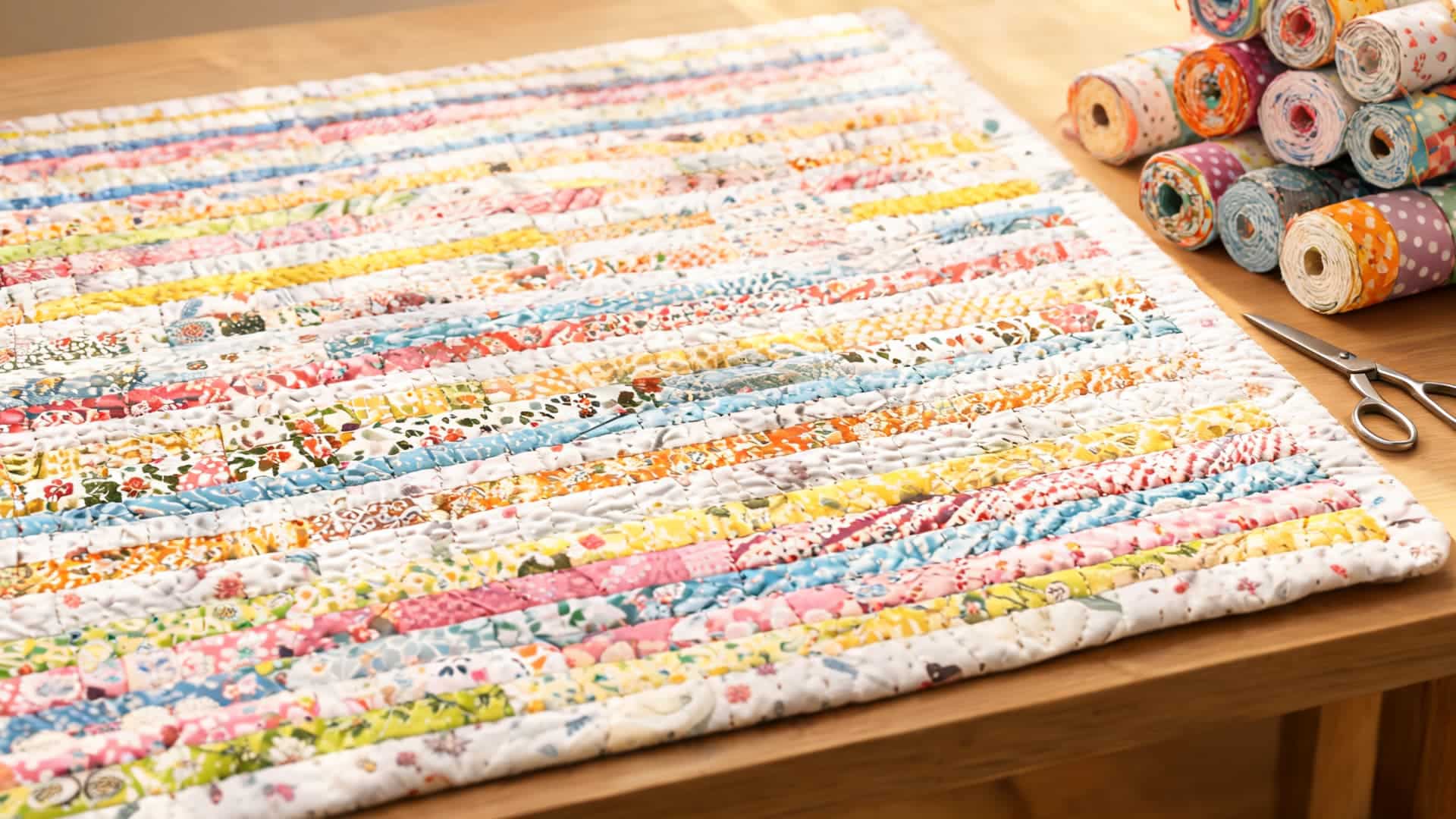jelly roll race quilt with colorful fabric strips forming flowing stitched rows