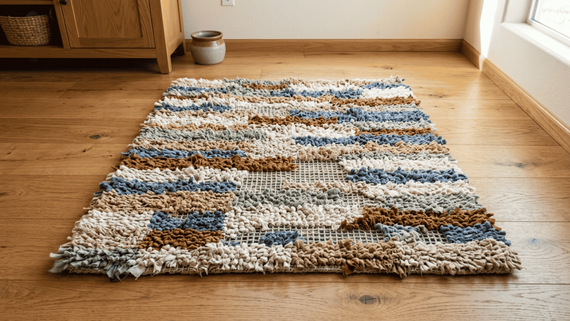 latch hook mesh rag rug with thick fabric knots in soft colors lying flat on a smooth wooden floor in daylight