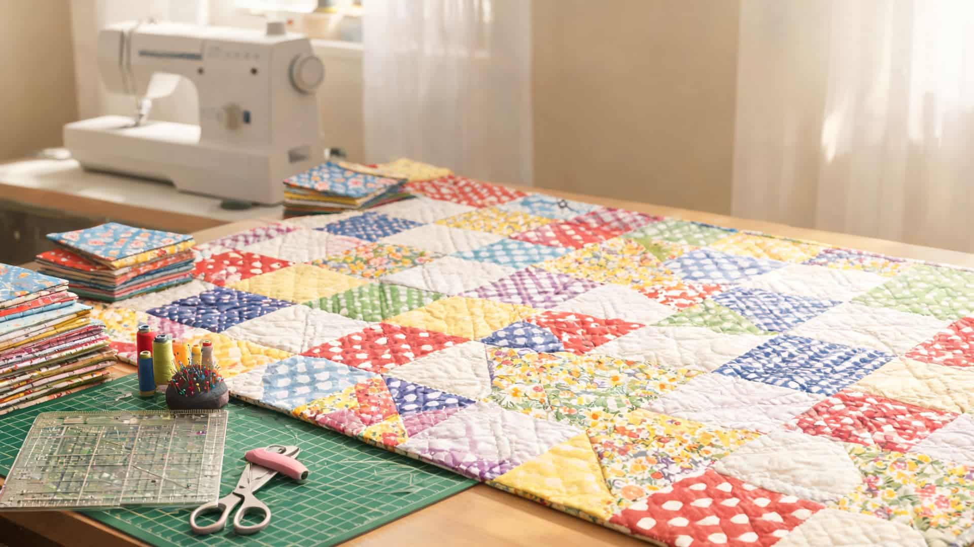 layer cake quilt with large fabric squares arranged in a bold grid layout