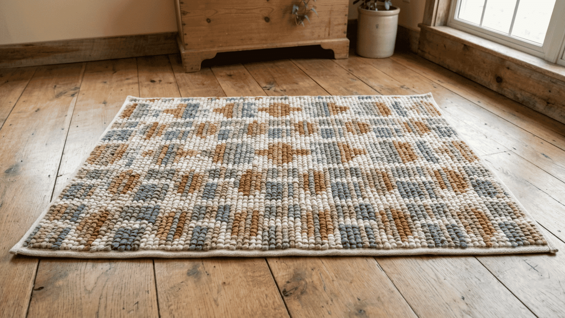 locker hooked rag rug with sturdy fabric loops in calm colors resting flat on a clean wooden floor in daylight