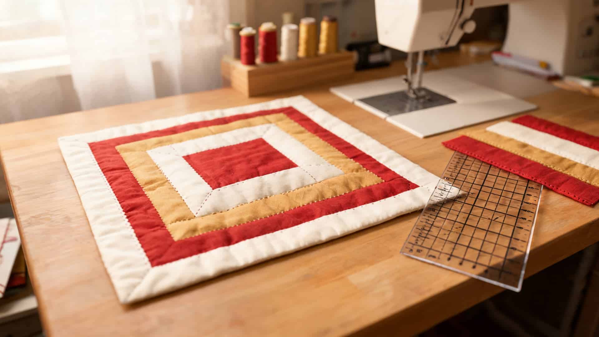 log cabin quilt block with warm fabric strips surrounding a center square design