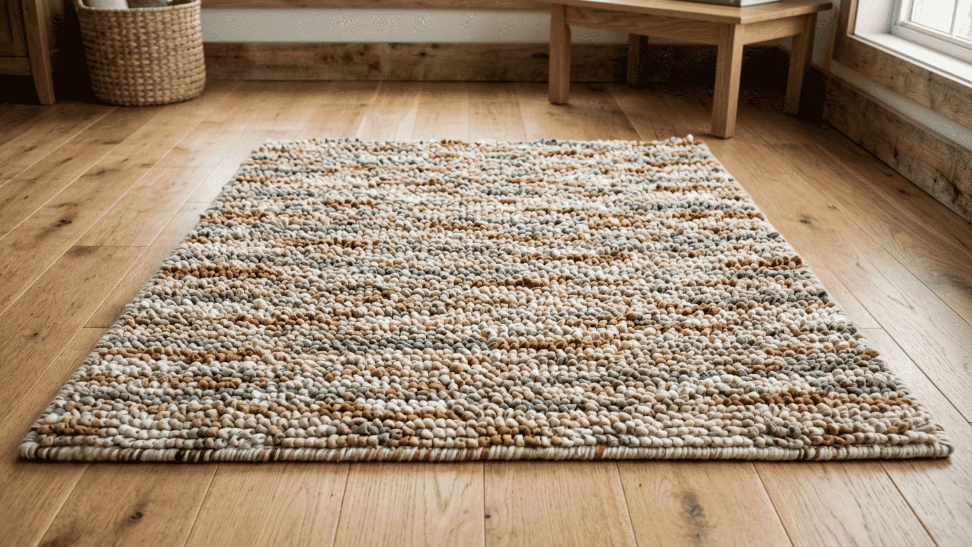 loopy hooked rag rug with soft fabric loops in calm colors resting flat on a clean wooden floor under daylight