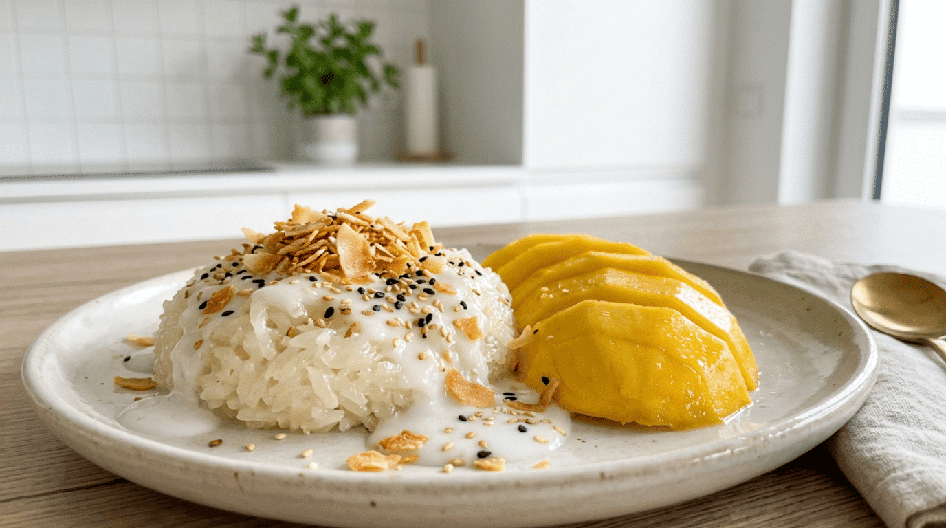 mango sticky rice with coconut flakes and sesame seeds