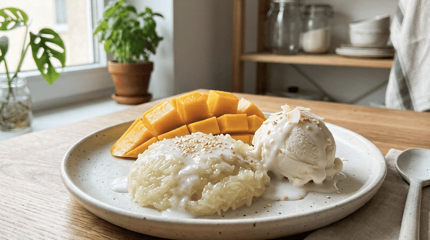 mango sticky rice with coconut ice cream