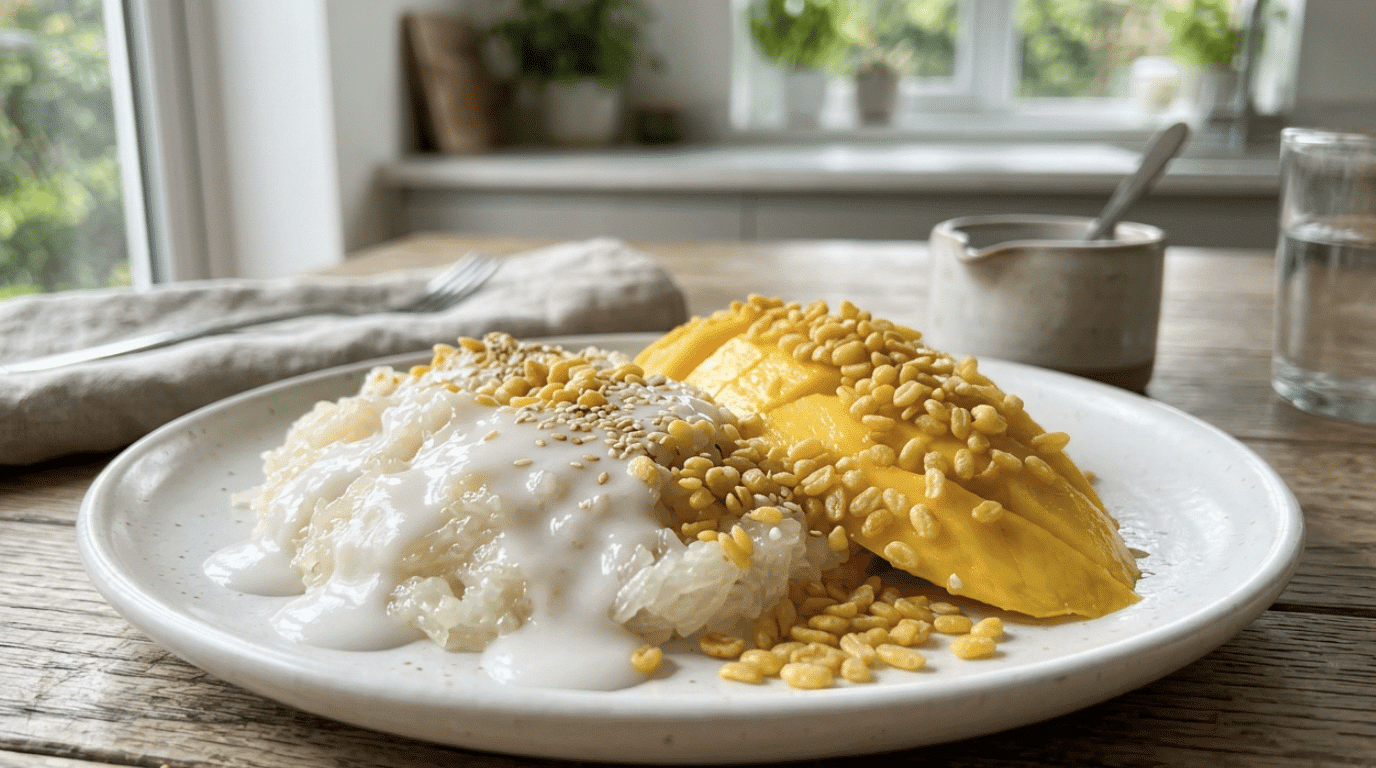 mango sticky rice with crispy mung beans