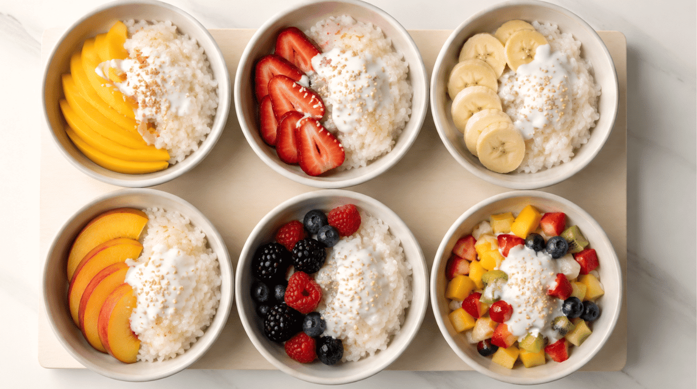 mango sticky rice with different fruits