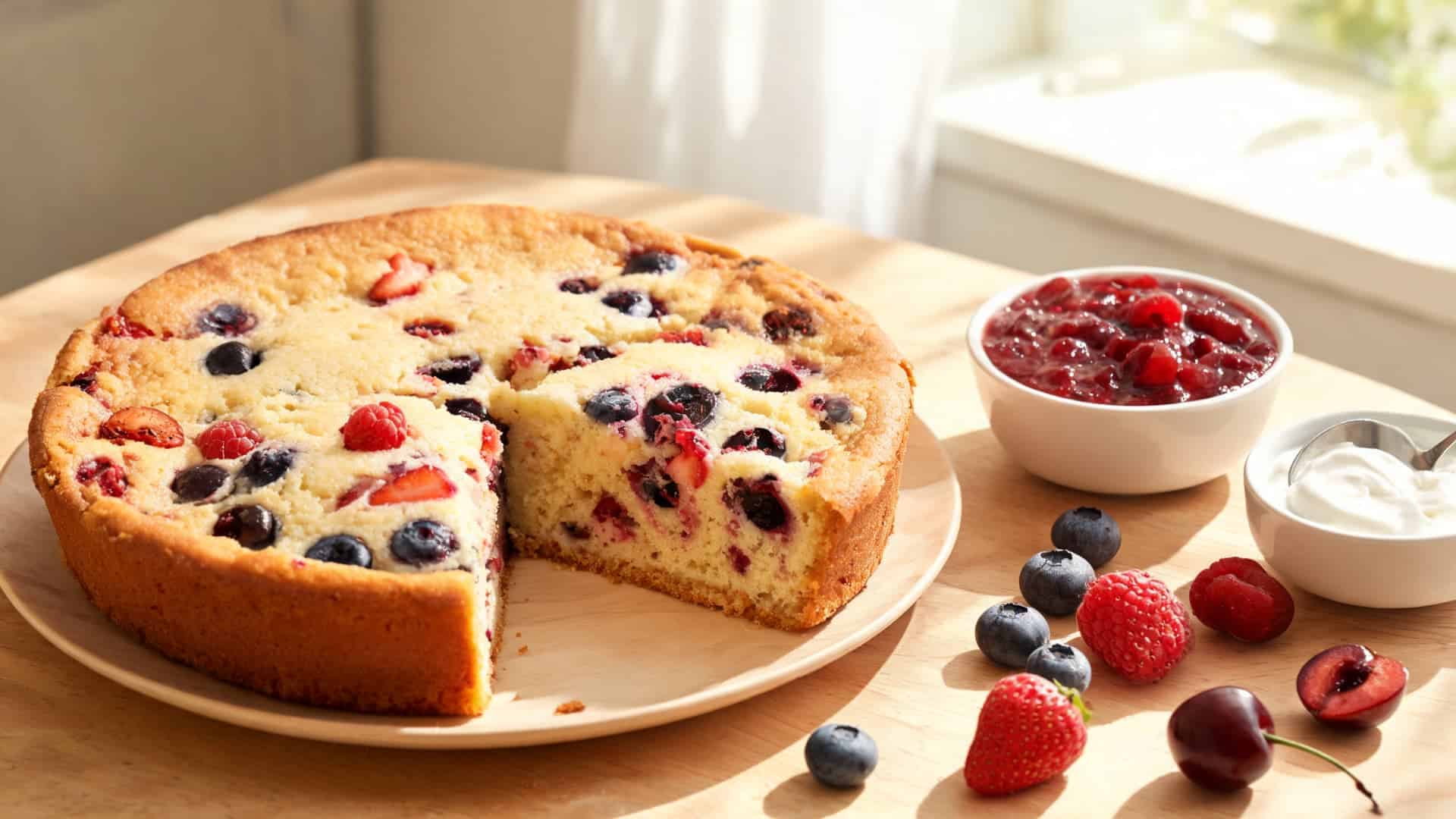 mixed berry french yogurt cake served with fresh fruit yogurt and berry compote on a sunlit table