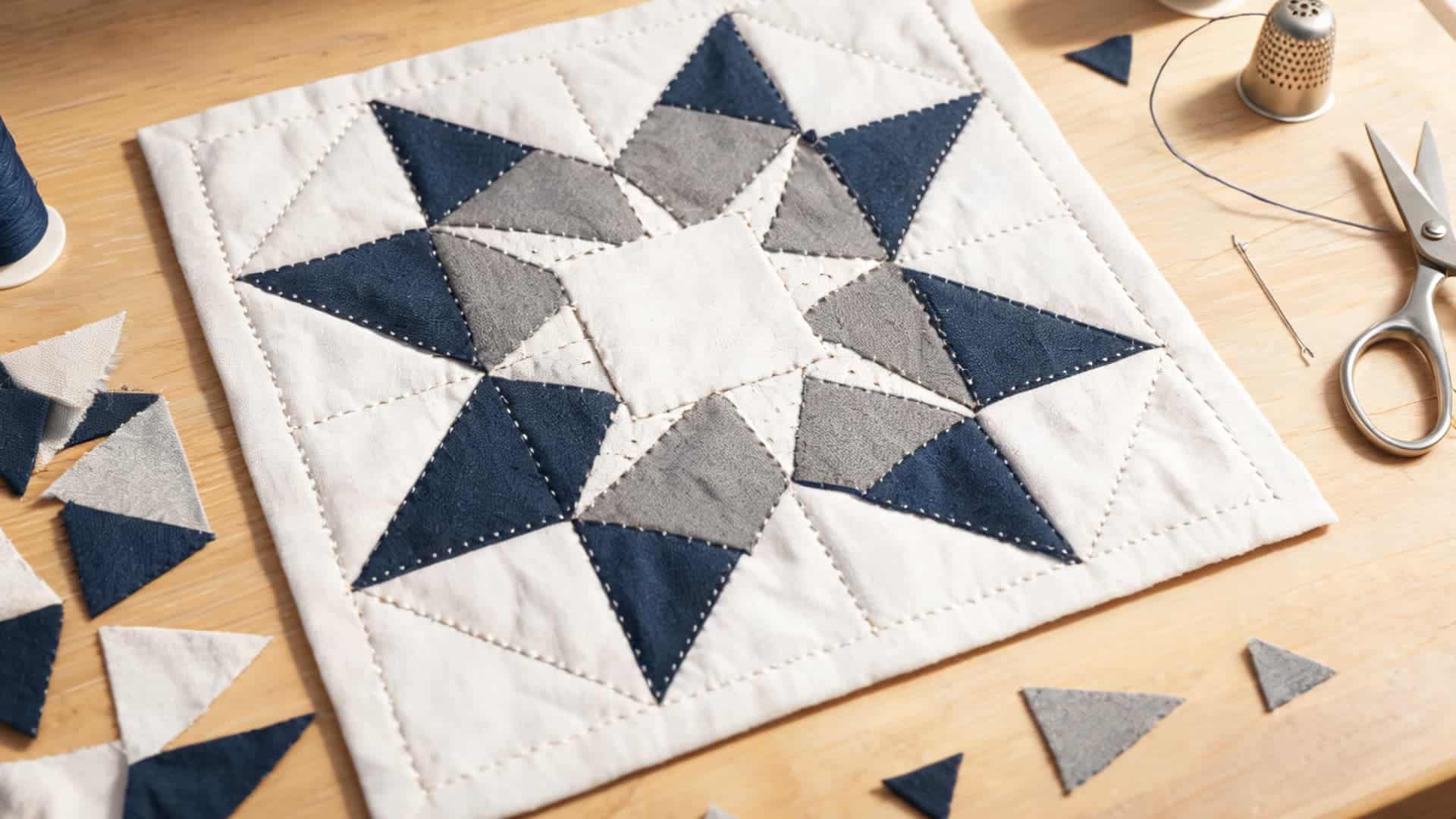ohio star quilt block with star shapes made from contrasting fabric pieces