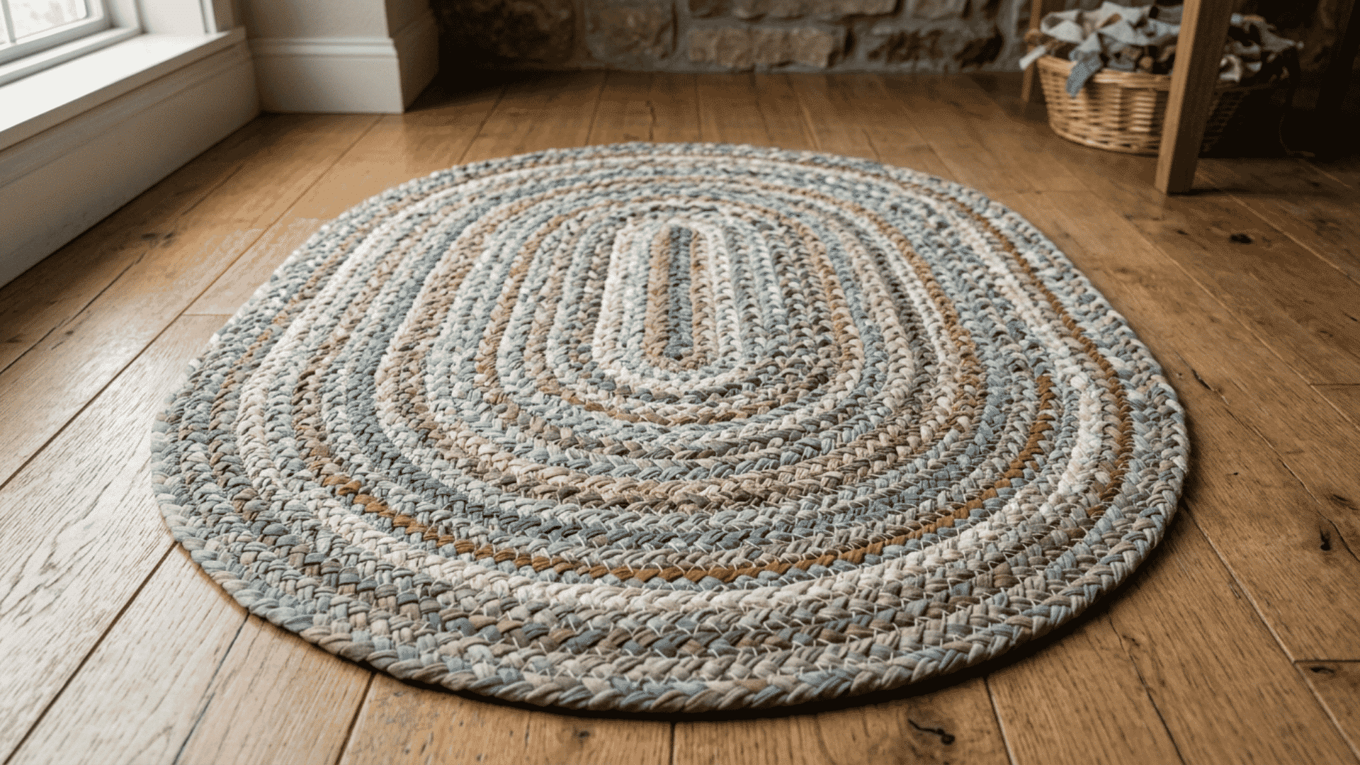 oval braided rag rug made from earthtone cotton fabric strips resting flat on a clean wooden floor in daylight