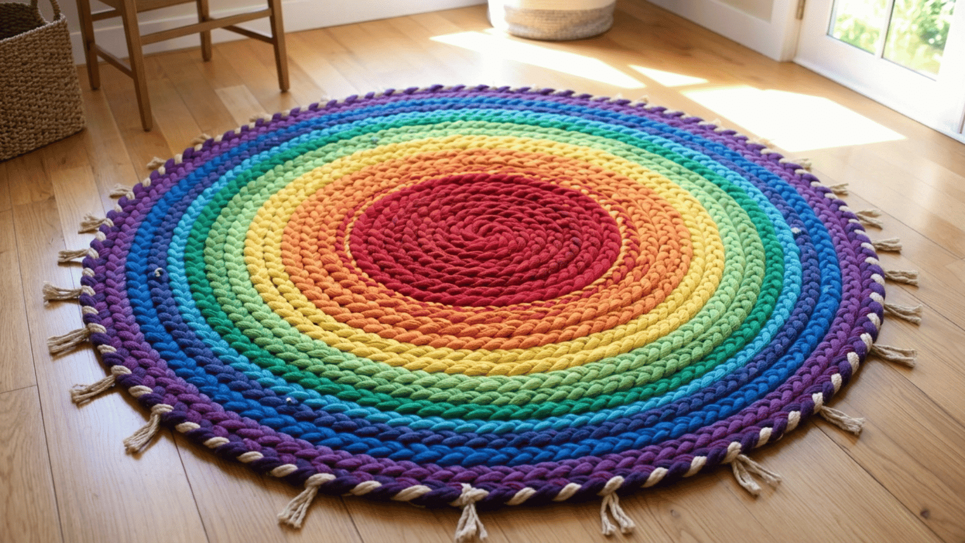 oval braided rainbow colored rag rug made from cotton fabric strips resting flat on a clean wooden floor in daylight