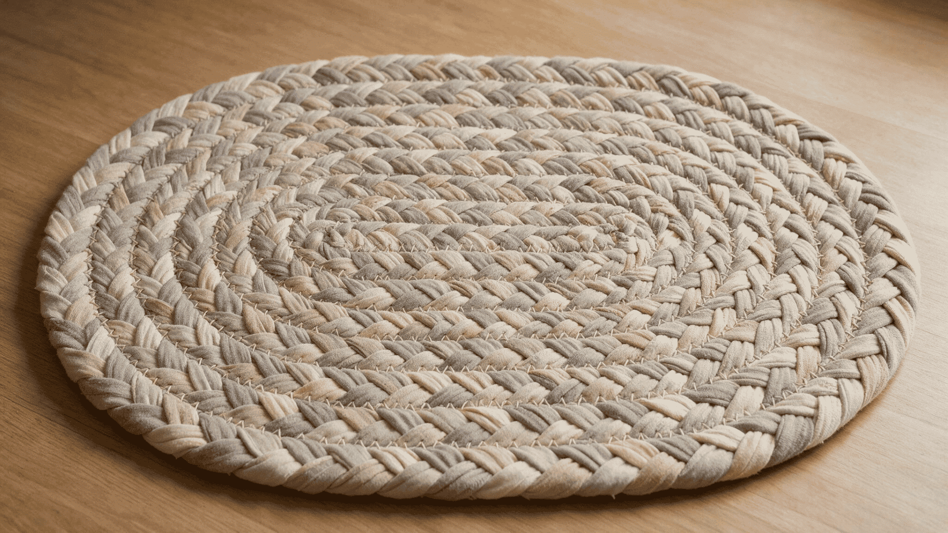 oval sew rag rug made from linked blue cream gray and rust fabric strips on a light wooden floor mat