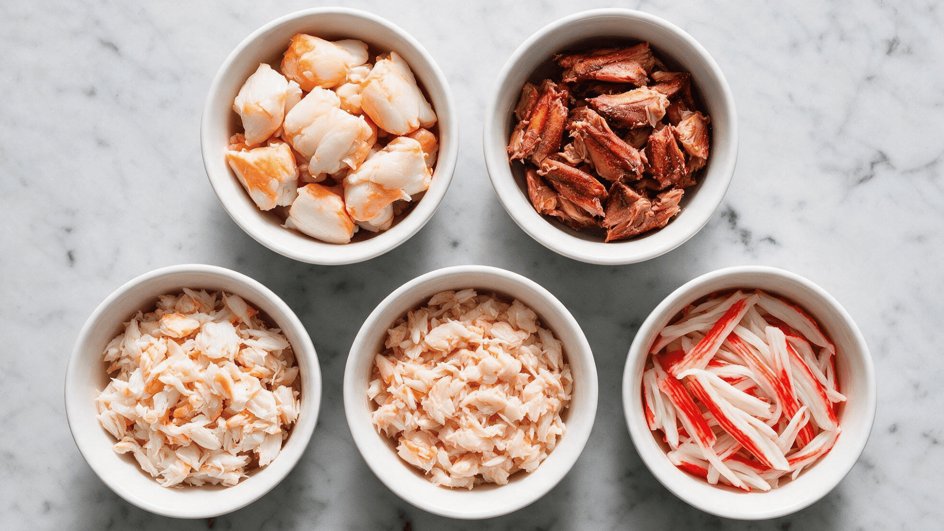 overhead comparison of jumbo lump, lump, claw, canned, and imitation crab meat in white bowls on a marble counter, each labeled with a tape strip
