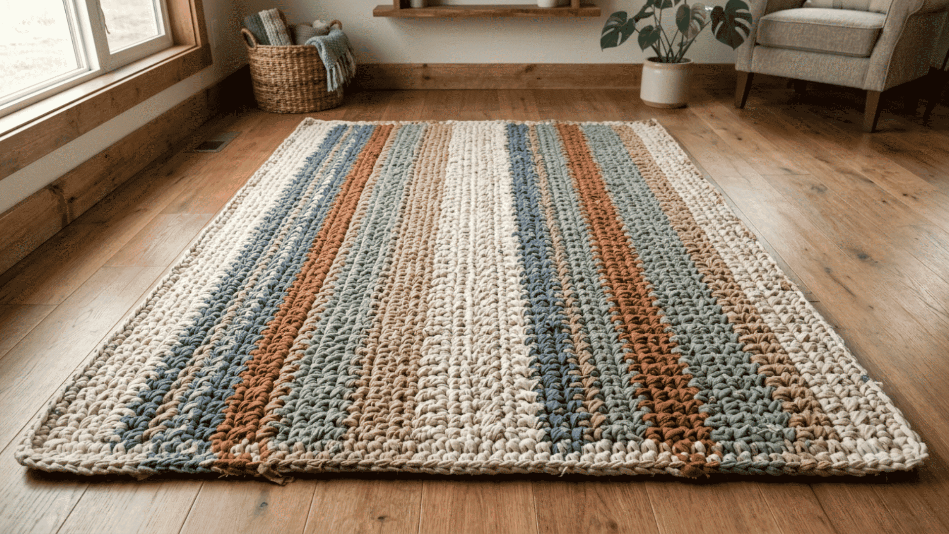oversized crochet rag rug with thick linked fabric rows in soft colors resting flat on clean wooden flooring