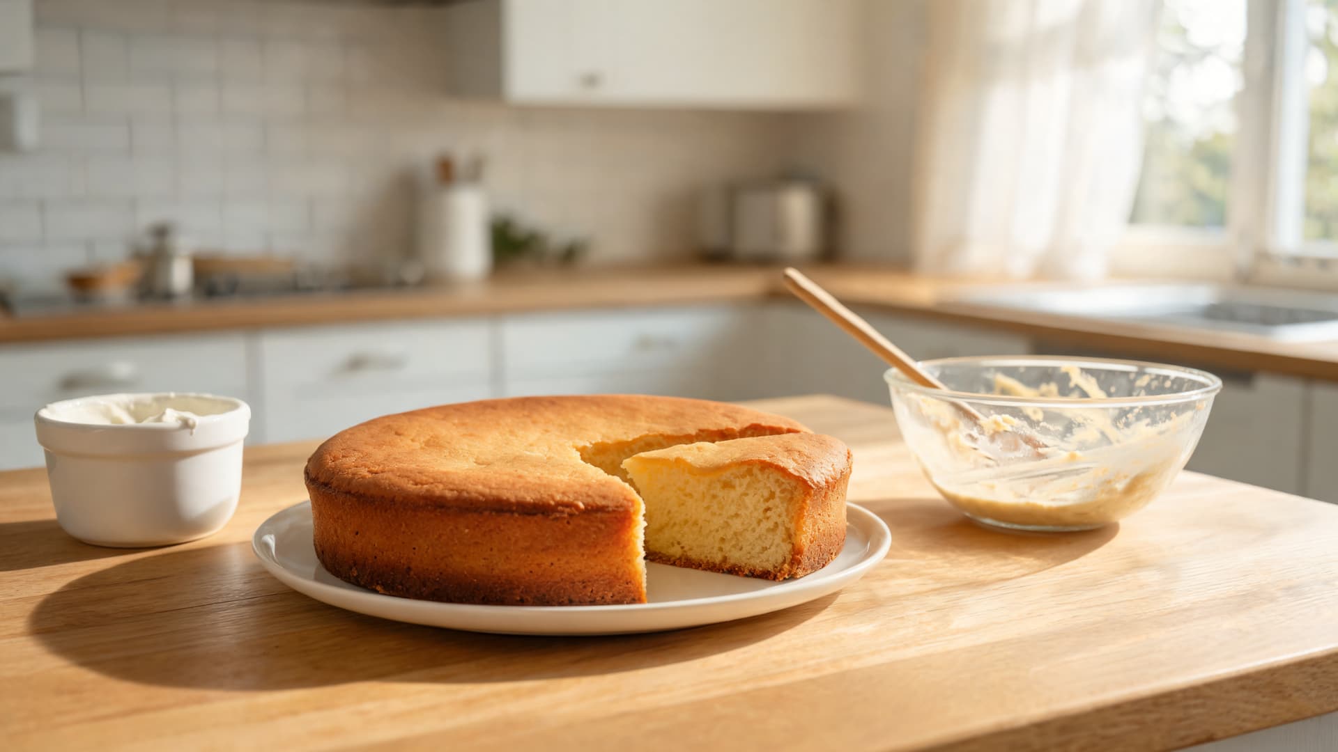 plain french yogurt cake with a cut slice beside yogurt and a mixing bowl in a sunlit home kitchen