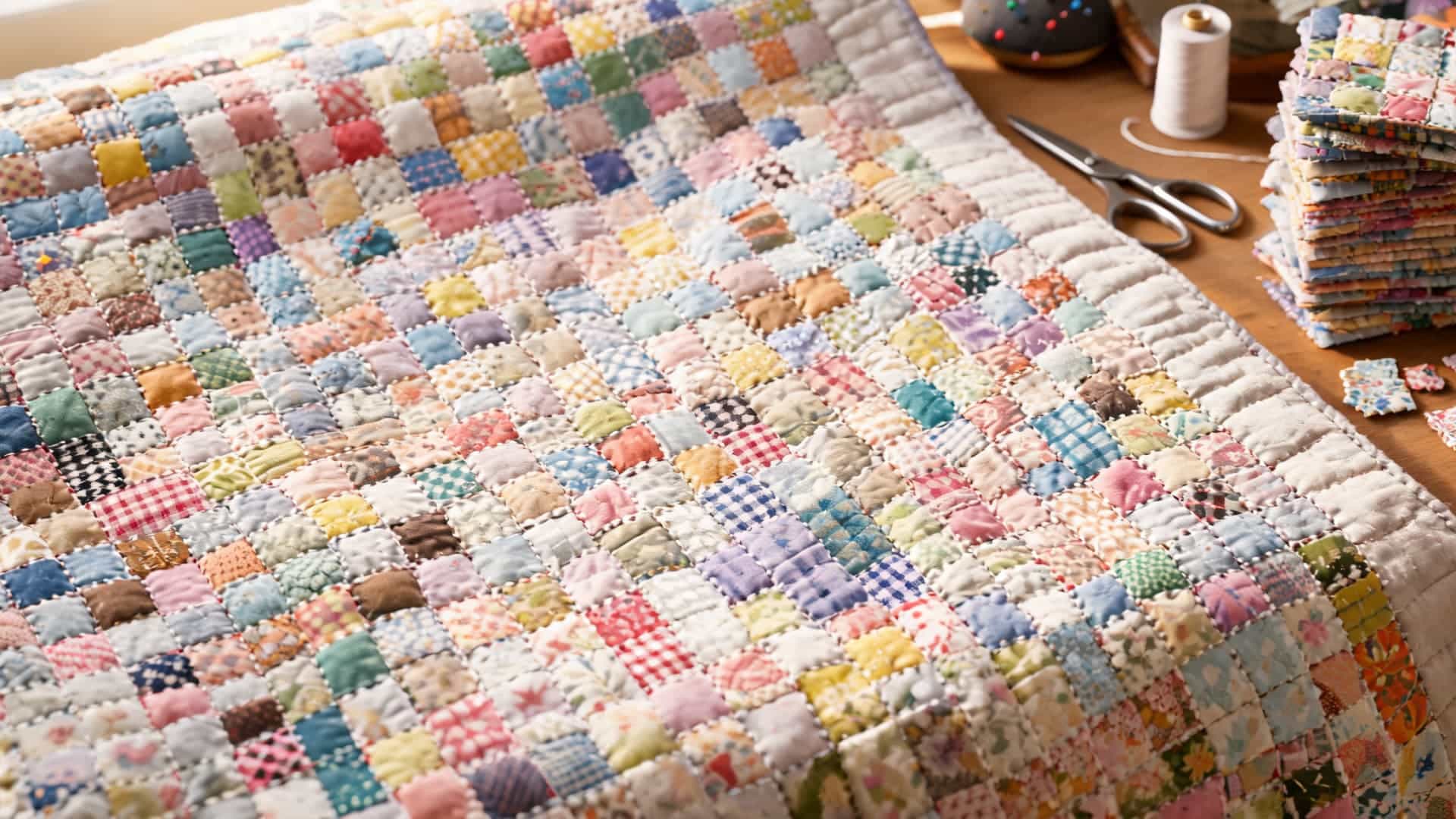 postage stamp quilt with tiny colorful squares creating a detailed fabric mosaic