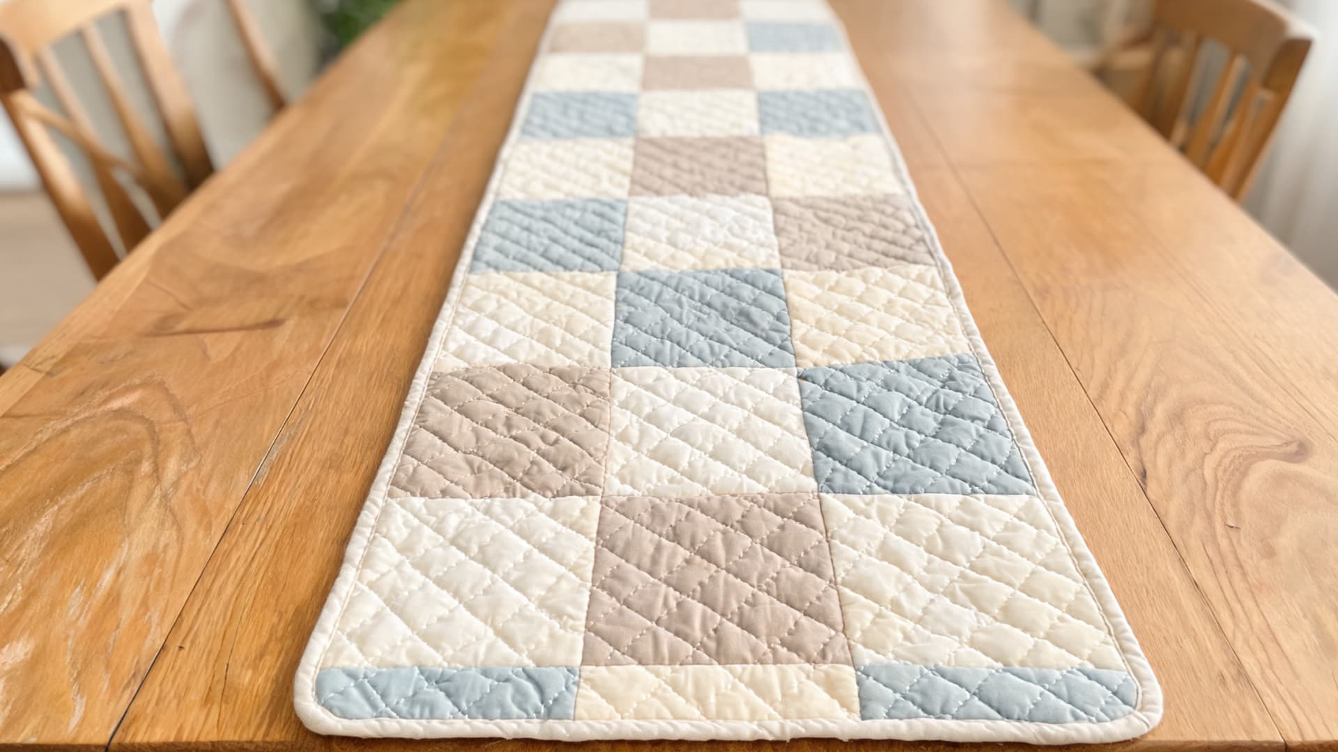 quilted table runner with patchwork blocks arranged in a long narrow design