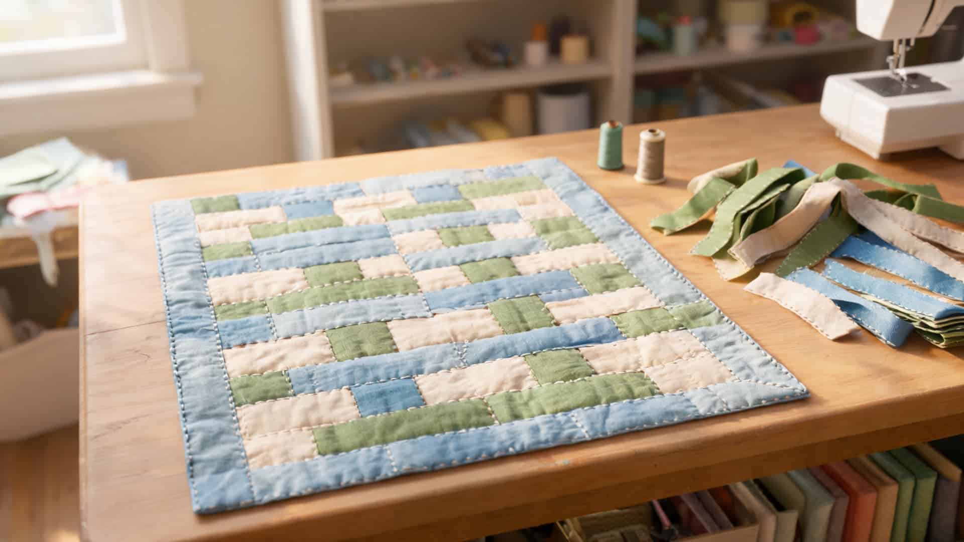rail fence quilt with layered fabric strips creating a woven pattern on a sewing table