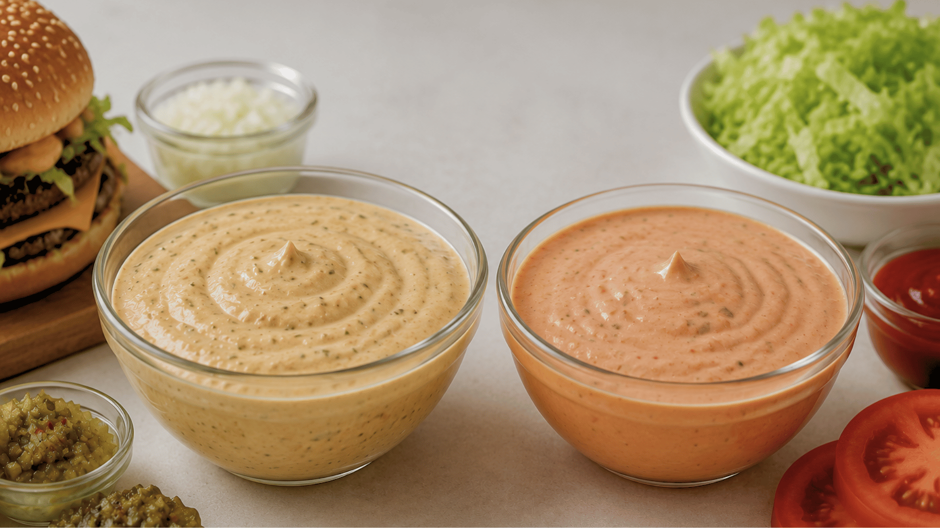 Realistic food photography showing multiple ways to use homemade Big Mac sauce in a clean American home kitchen setting. Create a wide 16:9 composition with the same creamy Big Mac sauce served in a small glass bowl as the main element, surrounded by different foods it pairs with: a classic burger with toasted sesame bun, lettuce, cheese, onion, and patty, crispy chicken sandwich, small sliders, tortilla wrap, golden french fries, onion rings, and a fresh salad bowl with vegetables. Keep the arrangement natural like a home meal spread, not a restaurant display. Use simple kitchen countertop styling, soft natural daylight, realistic textures, no artificial enhancement, no text, no labels, no logos. Make the sauce bowl clearly visible as the common element connecting all servings. The image should look like a real mobile photo taken during food preparation, with an authentic homemade cooking atmosphere.
