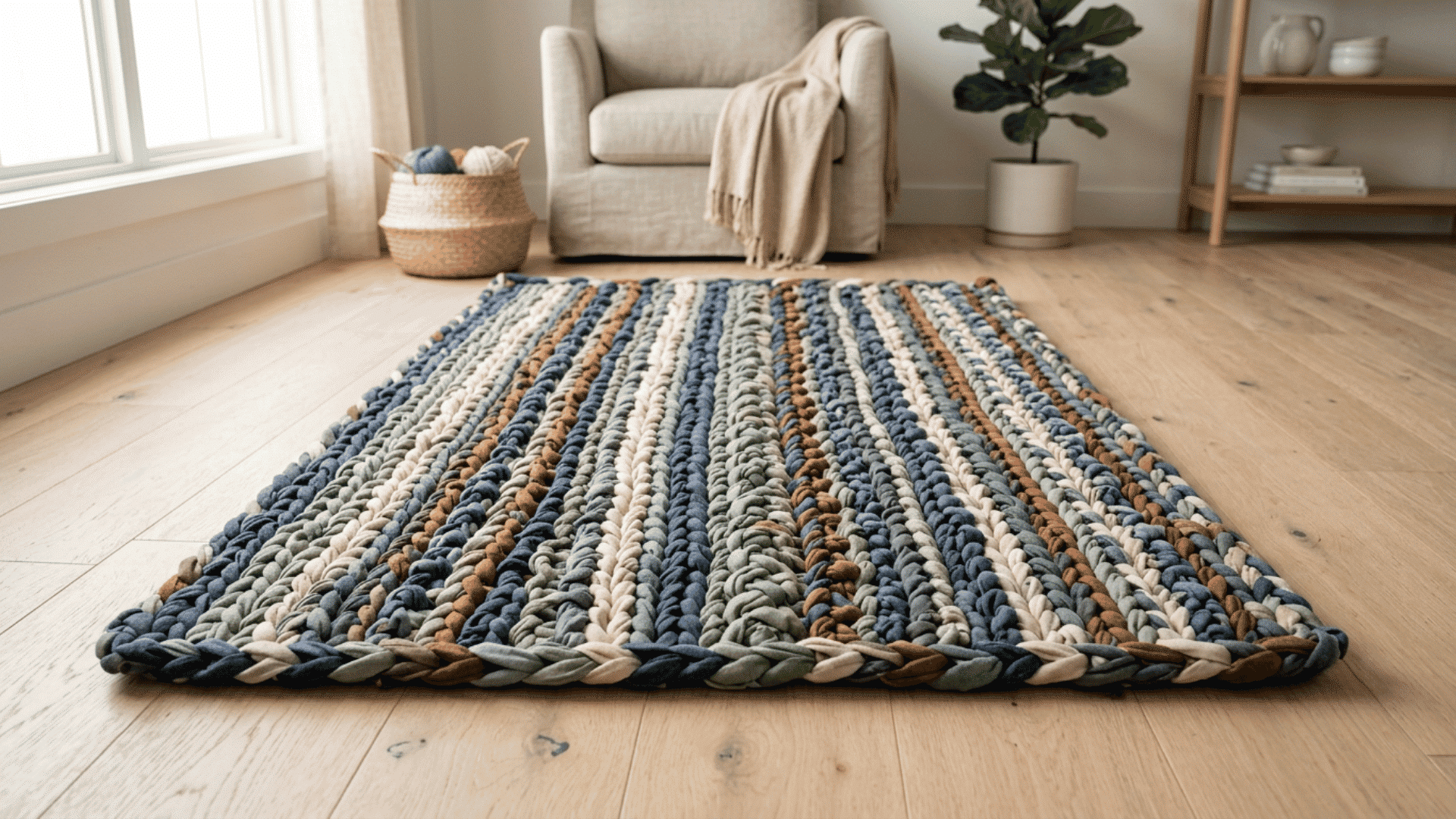rectangular no sew rag rug made from linked blue cream gray and rust fabric strips on a light wooden floor mat
