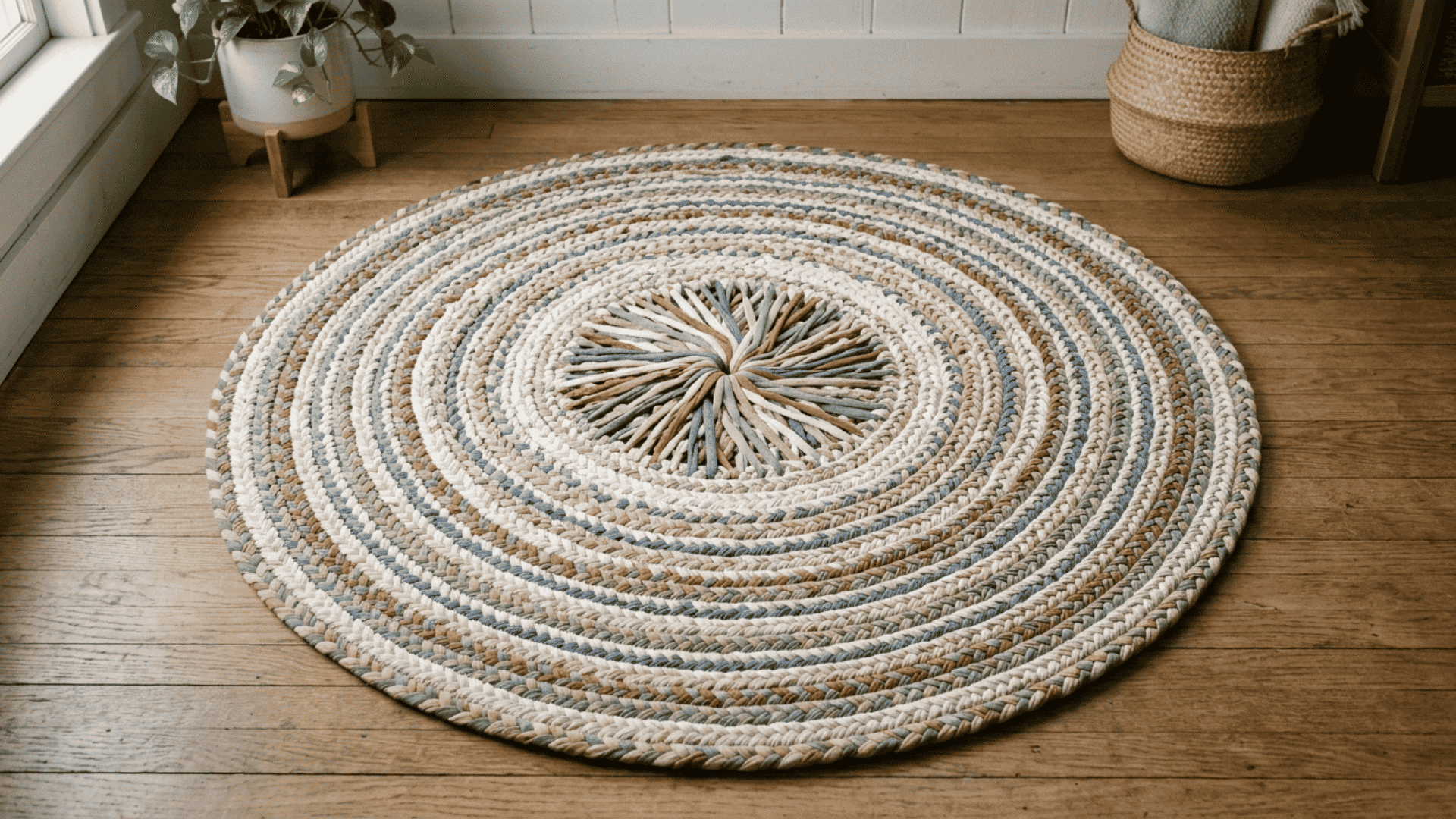 round hula hoop rag rug with crossed fabric strips in soft colors resting flat on a clean wooden floor indoors
