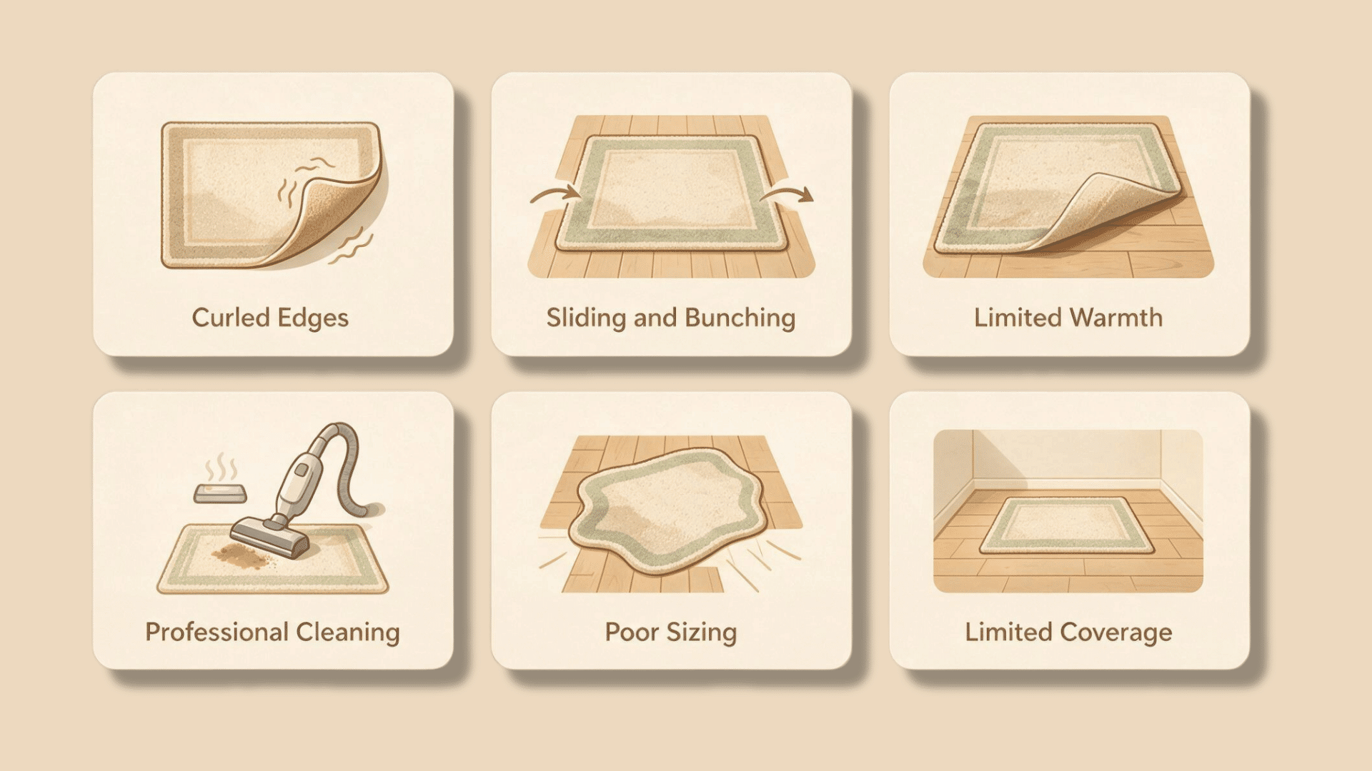 rug drawbacks infographic showing curled edges sliding bunching limited warmth cleaning size and full coverage