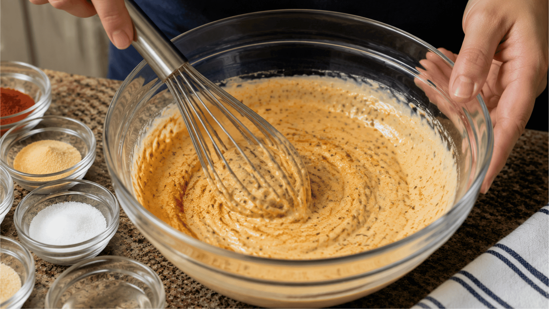 seasonings blended into creamy big mac sauce mixture with whisk and spices nearby