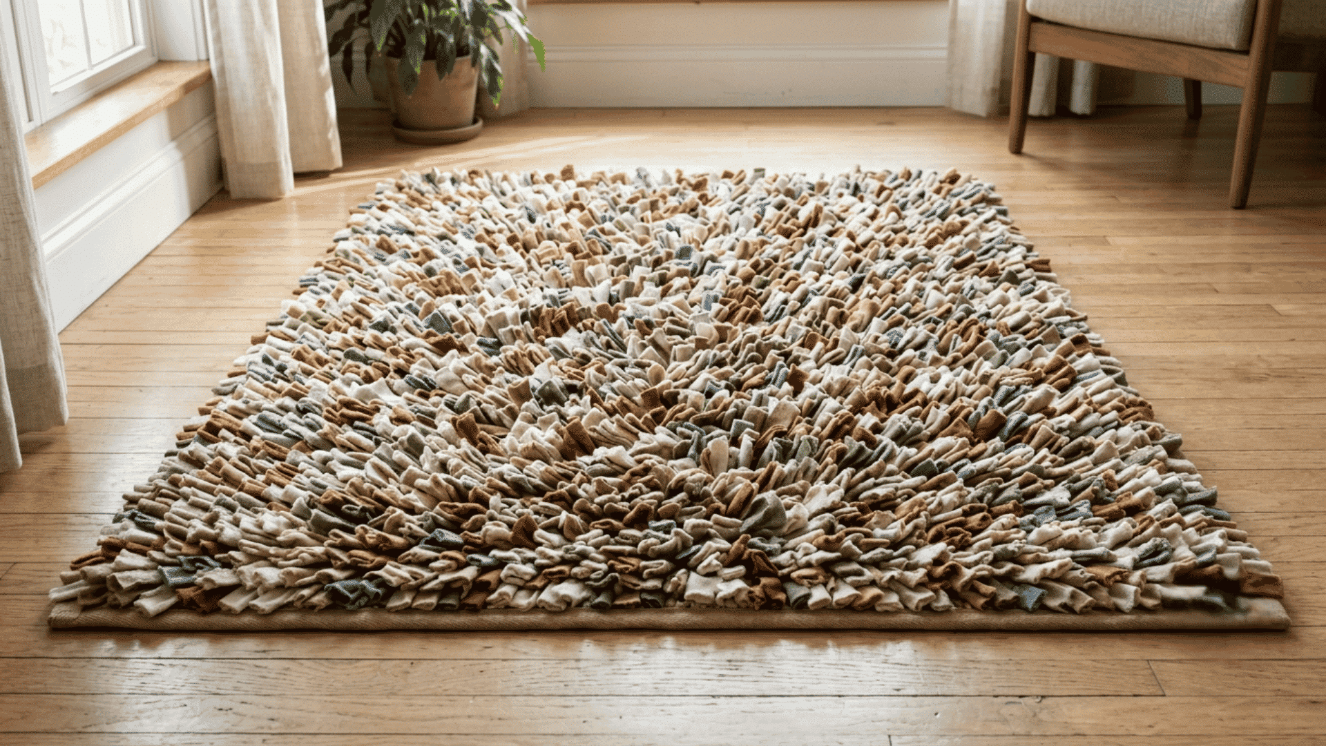 shaggy prodded rag rug with raised fabric strips in warm colors lying flat on a clean wooden floor in daylight