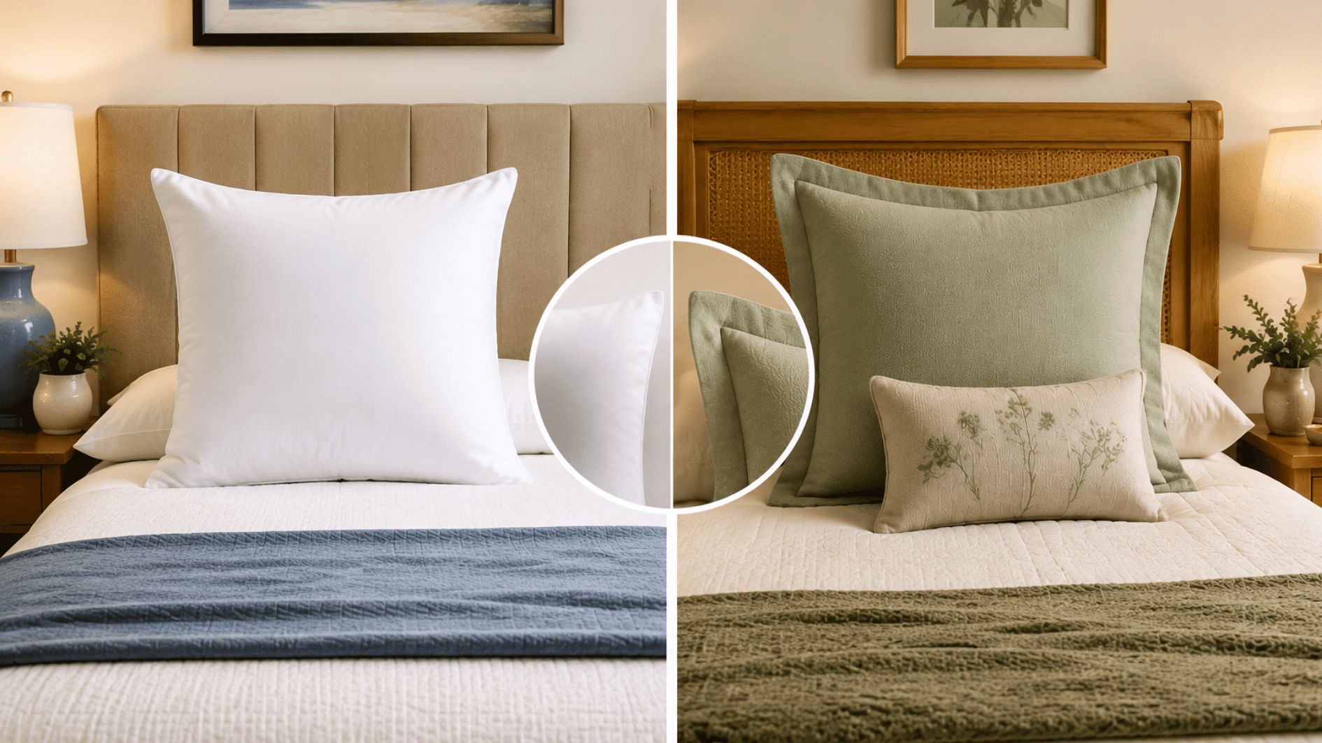 side-by-side euro pillow and euro sham showing the difference between a plain insert and decorative fabric cover