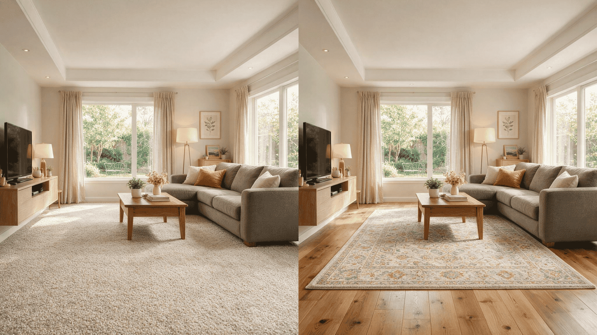 side by side living room comparison showing full wall to wall carpet on one side and an area rug on wood floor
