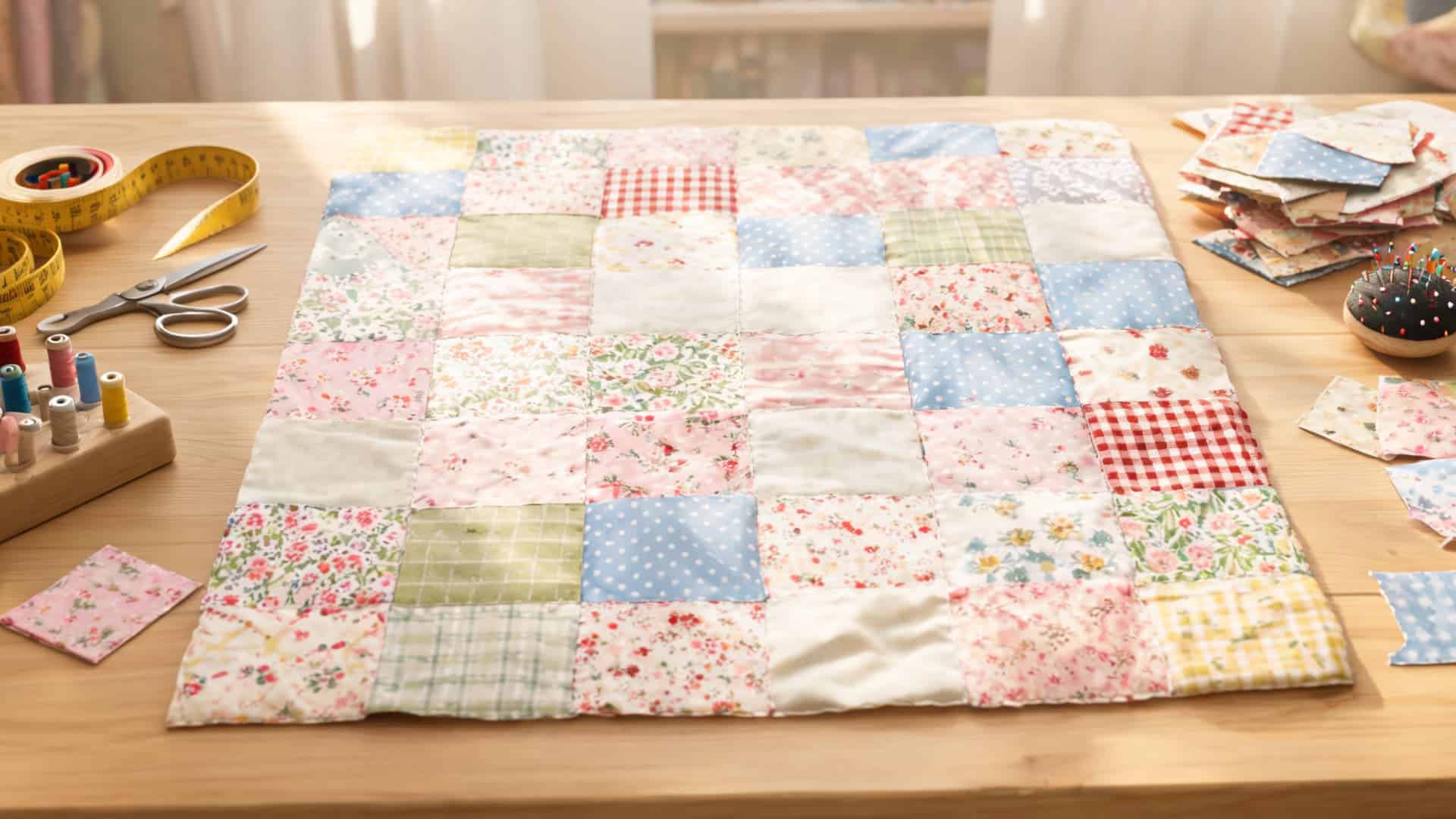 square patchwork quilt with mixed fabric squares showing colorful handmade textures