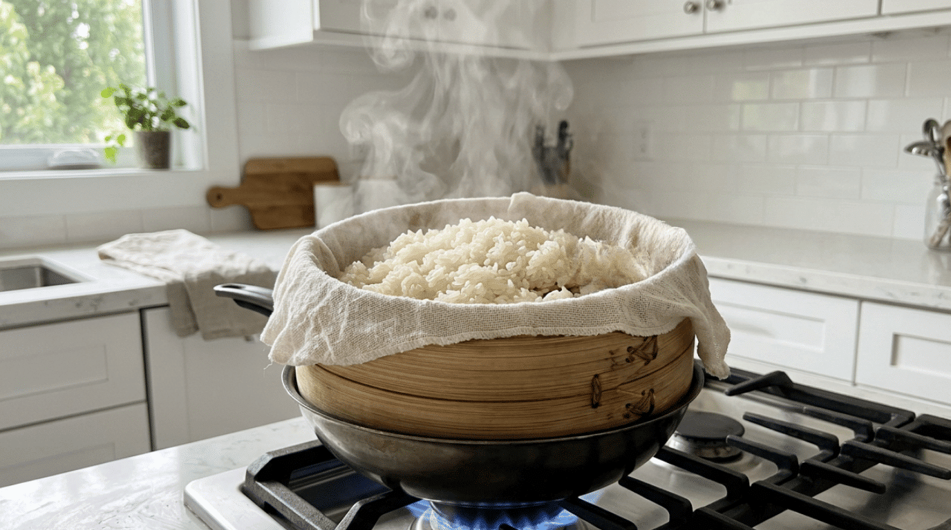 steam the rice until soft and chewy