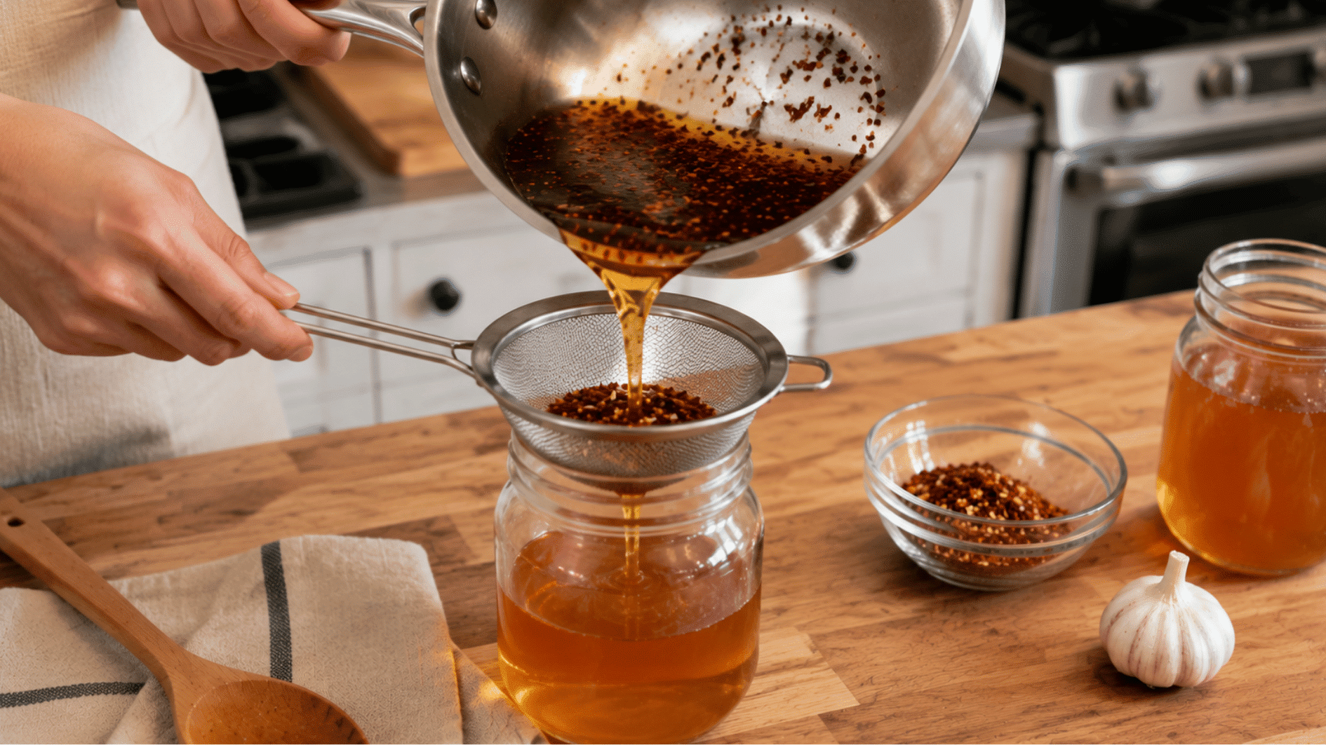 straining homemade hot honey through a sieve into a glass storage jar