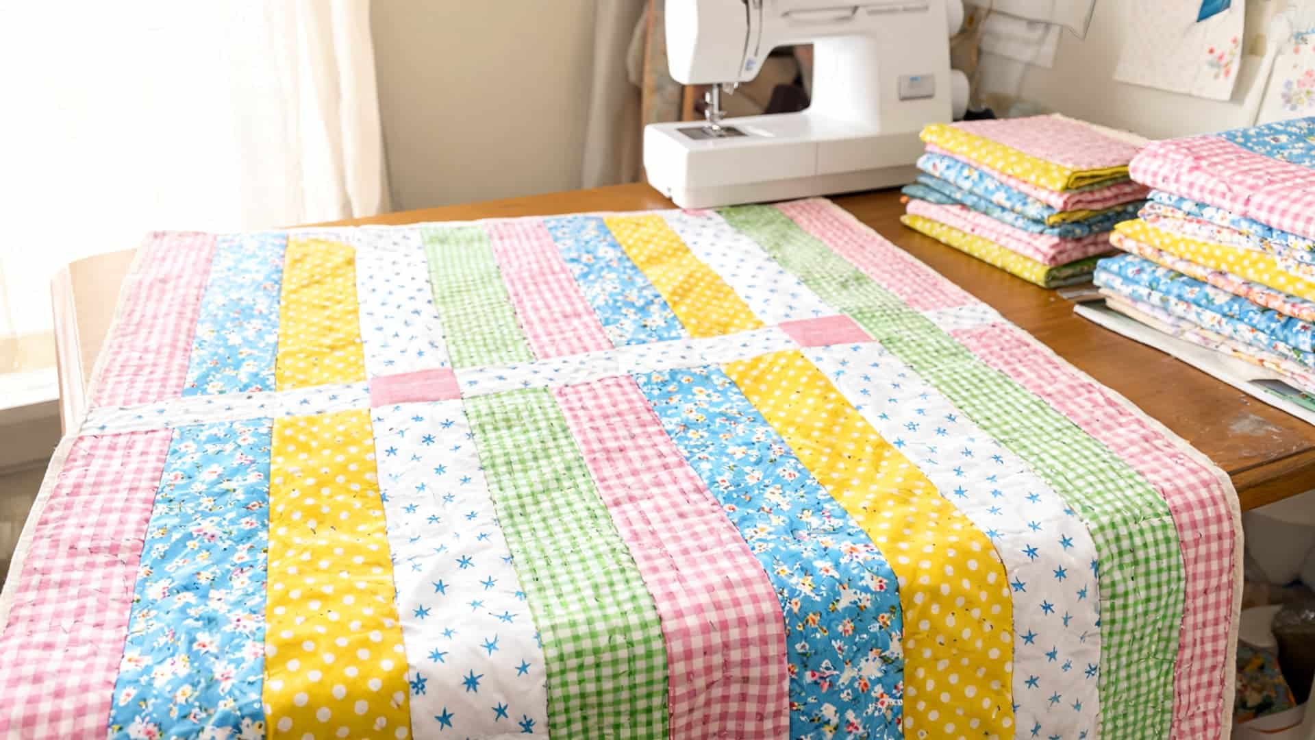 strip quilt with colorful vertical fabric rows and visible handmade stitching details