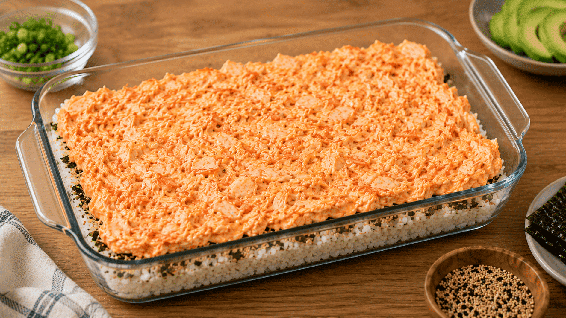 sushi bake layered in a glass baking dish with seasoned rice furikake and creamy seafood filling before baking